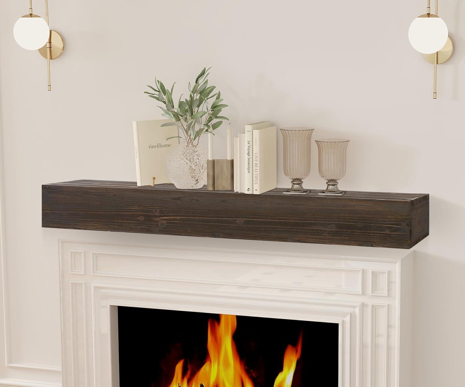 60" Rustic Wood Fireplace Mantel | Wall-Mounted & Floating Shelf for Home Decor