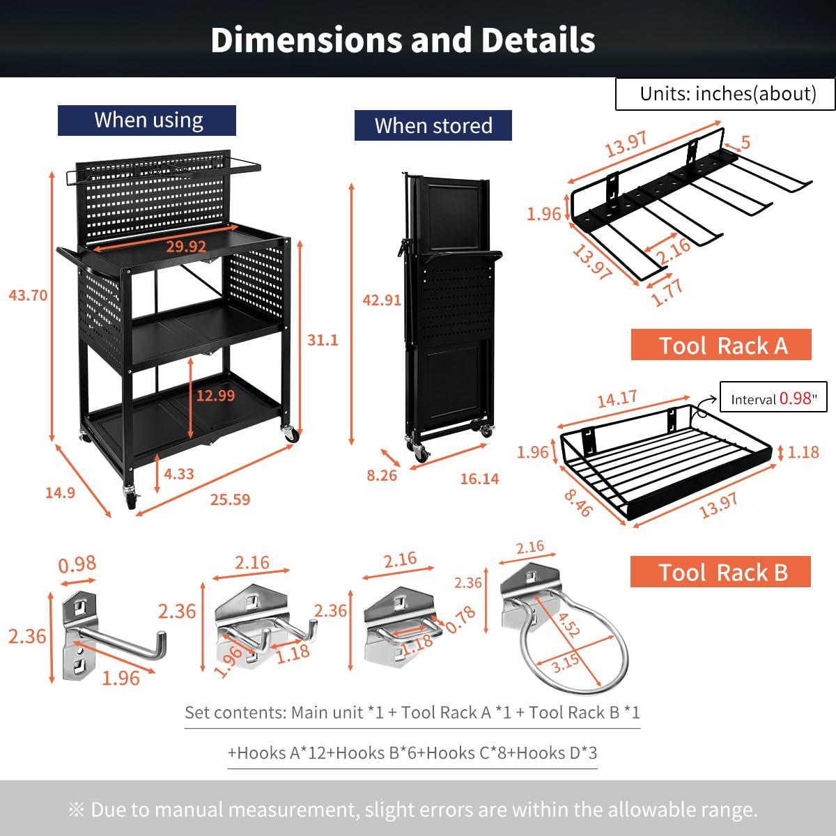 Lumizone 3-Tier Foldable Rolling Tool Cart with Wheels, Utility Cart with Pegboard and Hooks for Garage Organizer and Tool Storage, Power Tool Storage Cart on Wheels (Tool Cart+Hooks)