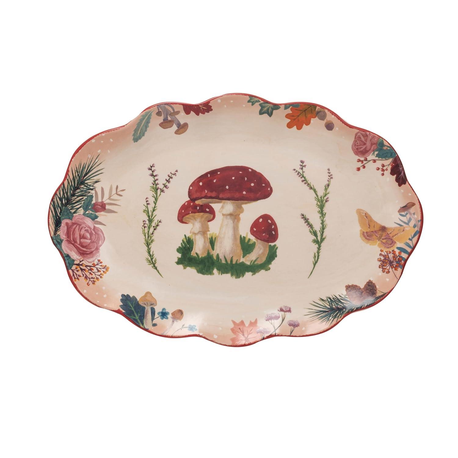 Creative Co-Op Ceramic Platter with Woodland Flora and Red Rim, Multi Color