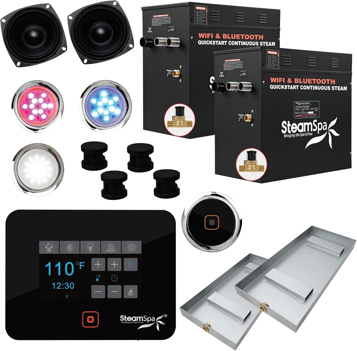 Matte Black Steam Shower Generator Kit with LED Lights and Bluetooth Control
