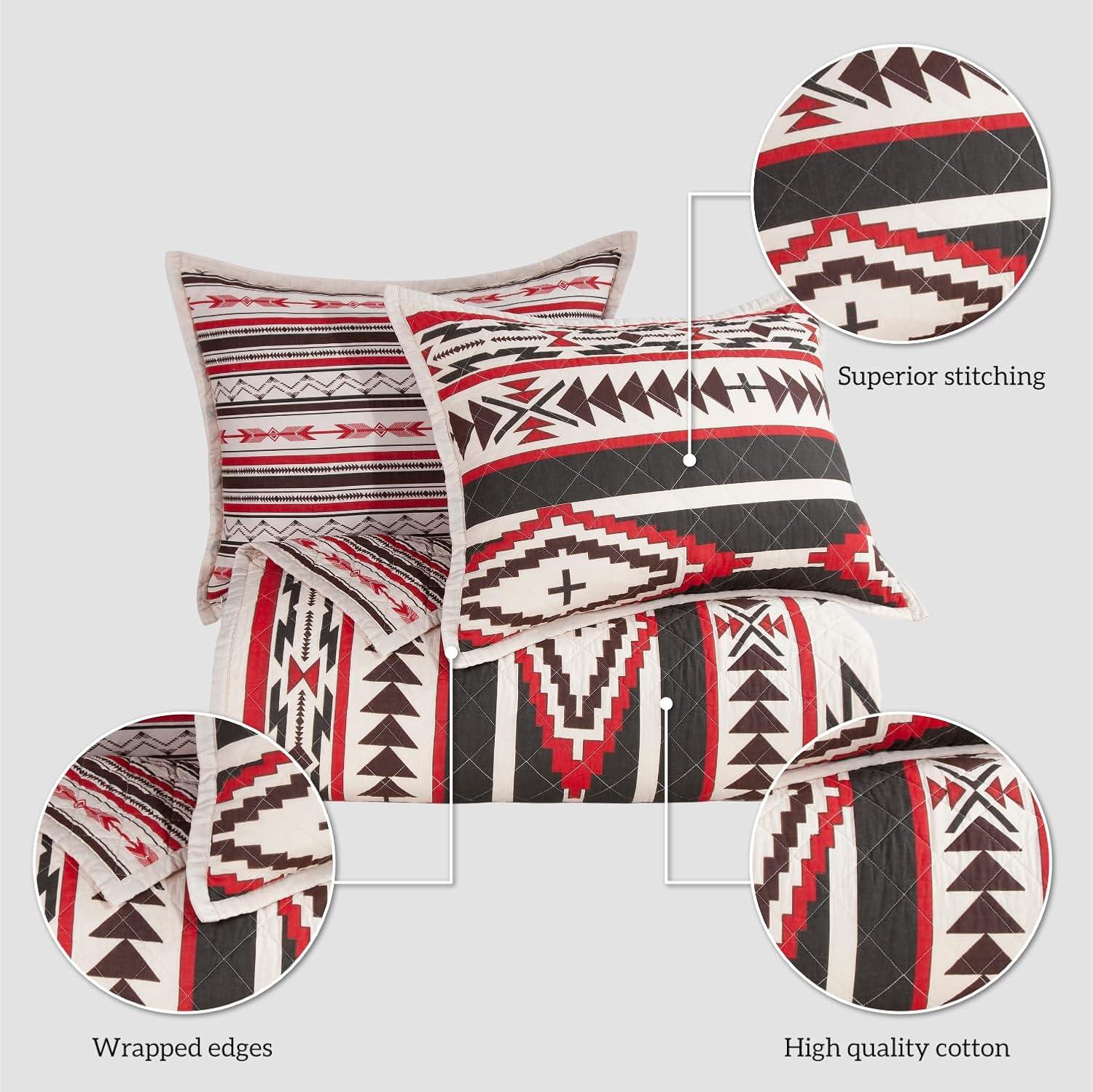 Cortez White Red Gray Brown Cotton Geometric Aztec Pattern Reversible Western Lodge Quilt Set