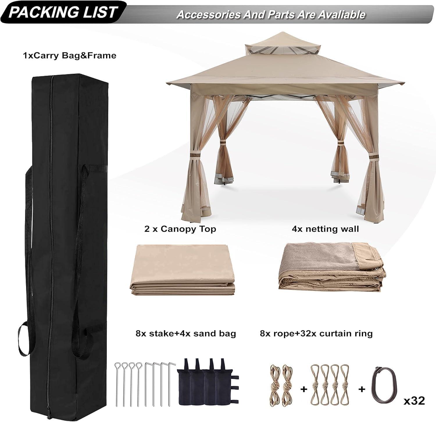 Khaki 13x13 Pop-Up Gazebo with Mosquito Netting