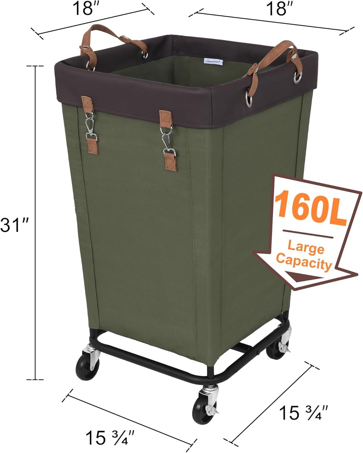 Green Collapsible Laundry Hamper with Wheels and Leather Handles