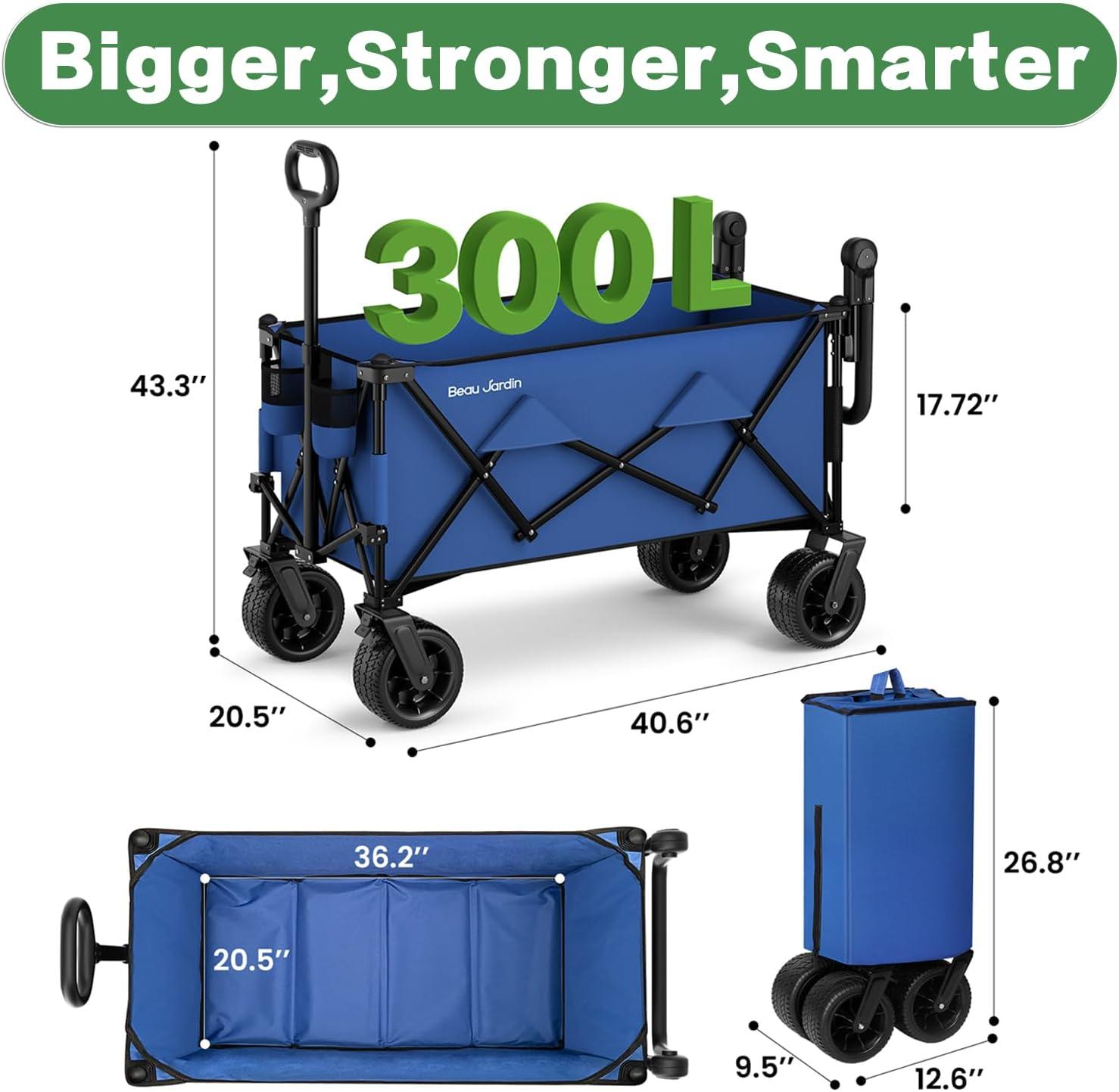 BEAU JARDIN Collapsible Folding Wagon 300 Pound Capacity Heavy Duty Foldable Beach Wagon Cart Grocery Utility Wagon for Garden Sports Shopping Outdoor All Terrain Wheel Portable Black