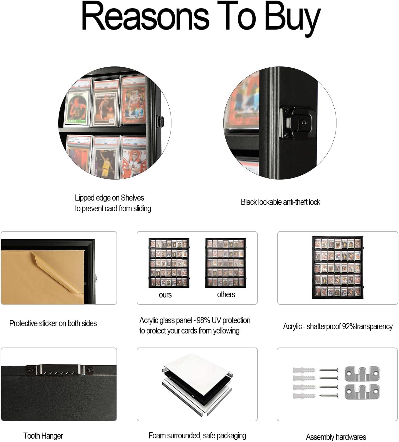 Estuche para Exhibición de Tarjetas Deportivas de 35 Grados: Marco de Exhibición de Tarjetas de Béisbol con Protección UV Gabinete de Pared con Cerradura Transparente para Tarjetas Coleccionables de Baloncesto Negro Vertical