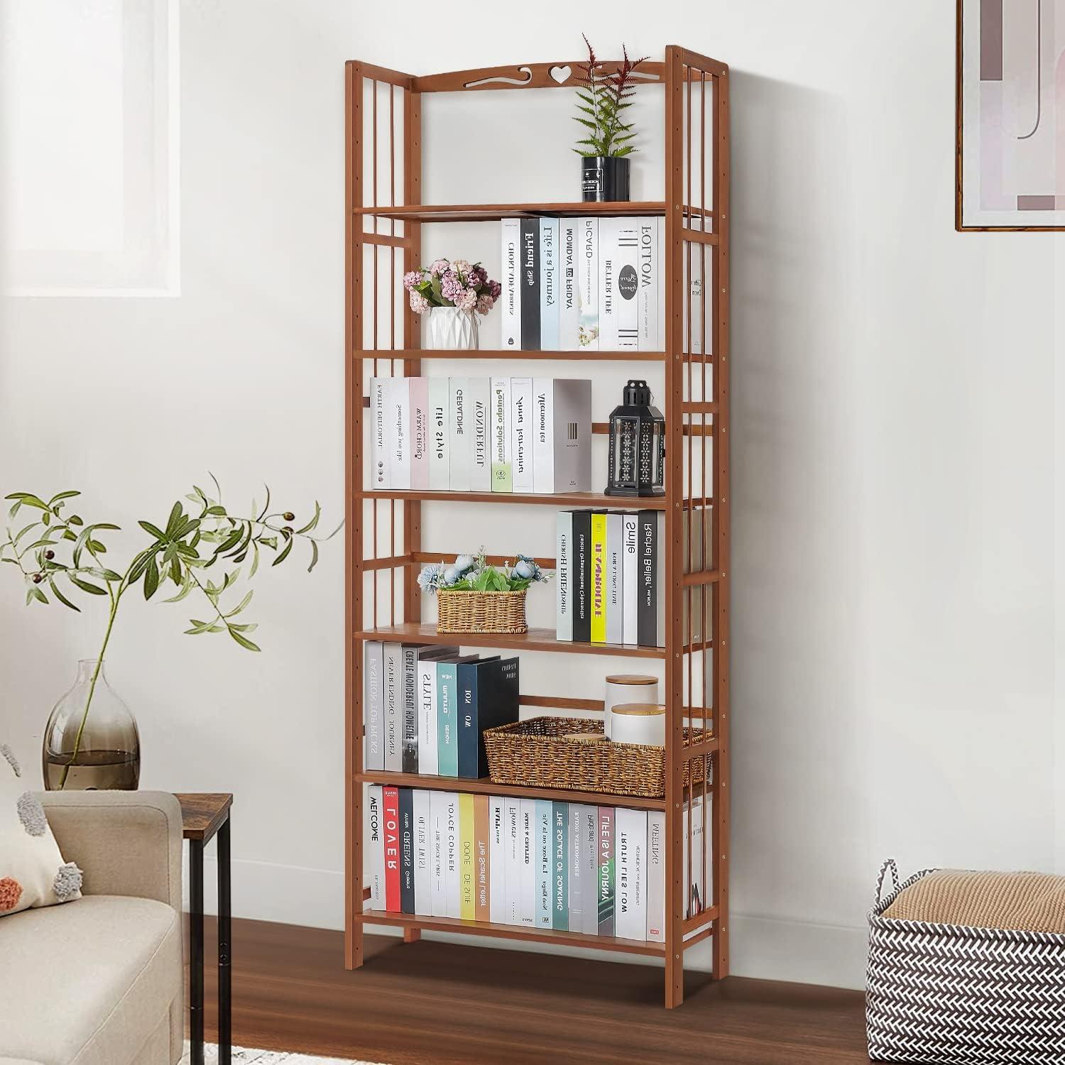 MoNiBloom Bamboo 6 Tiers Open Bookshelf, Adjustable Display Storage Shelf Rack,Brown, for Living Room