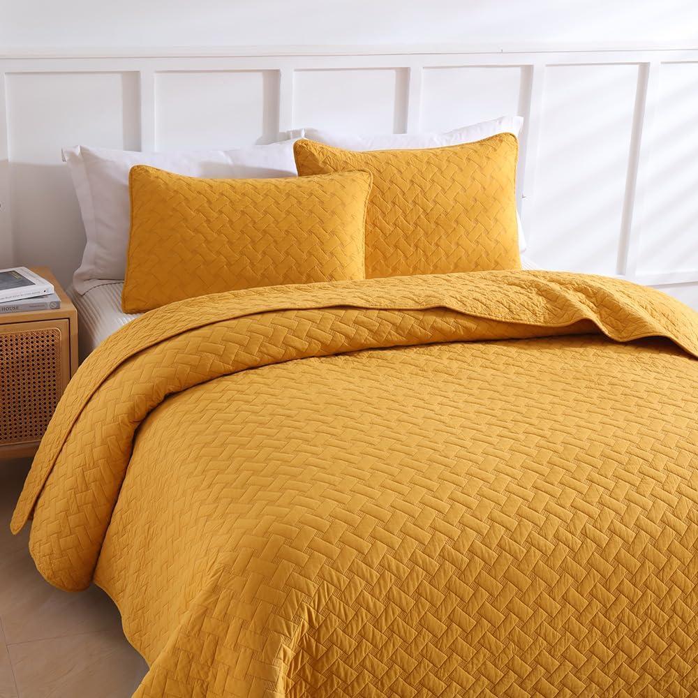 Cotton Quilt Bedding Sets Queen Size, 3 Pieces Reversible Lightweight Coverlets Comforters Bedspreads for All Seasons,Weave Stitching Pattern,Yellow