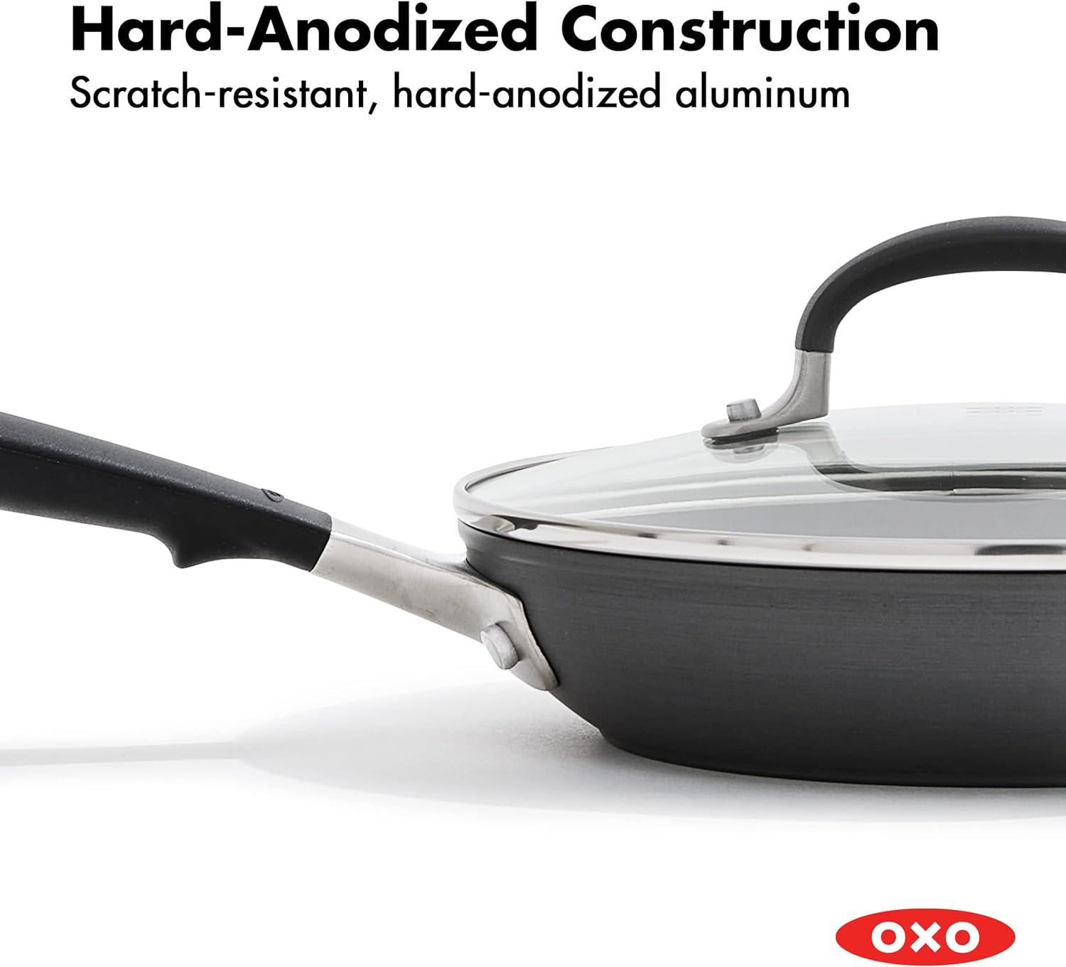 OXO Good Grips 11" Frying Pan Skillet with Lid, 3-Layered German Engineered Nonstick Coating, Stainless Steel Handle with Nonslip Silicone, Black