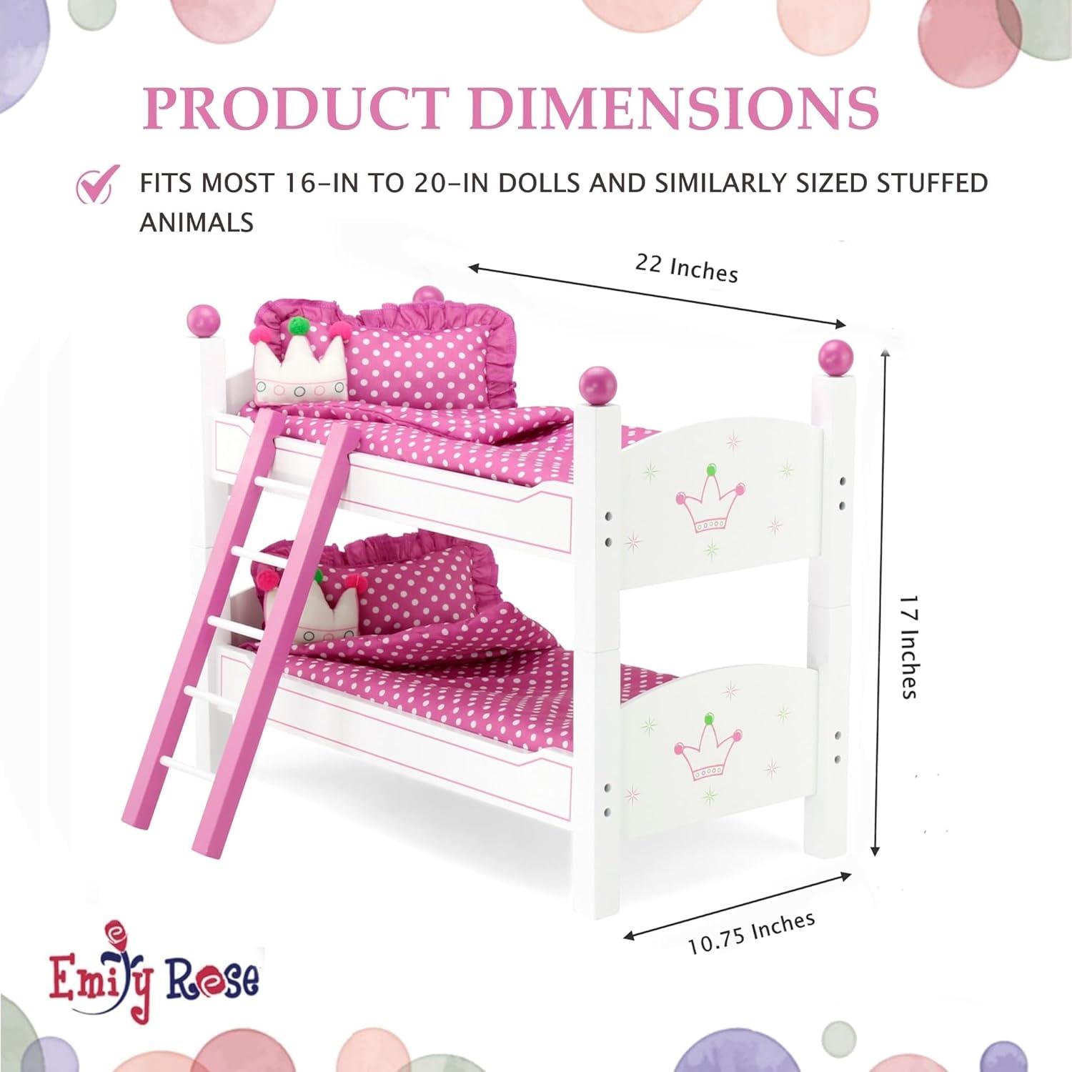 Emily Rose 18 Inch Doll Bunk Bed Furniture | 2 Single 18" Doll Stackable Beds | Bunkbed with Ladder and (2) 4-PC Bedding Accessory Sets | Ideal Girls Gift Set for Easter | USA Business