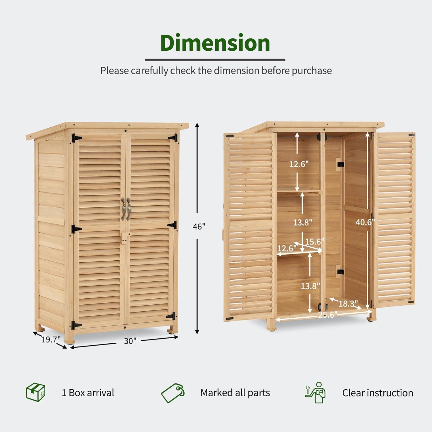 Natural Fir Wood Outdoor Storage Cabinet with Shelves and Double Doors