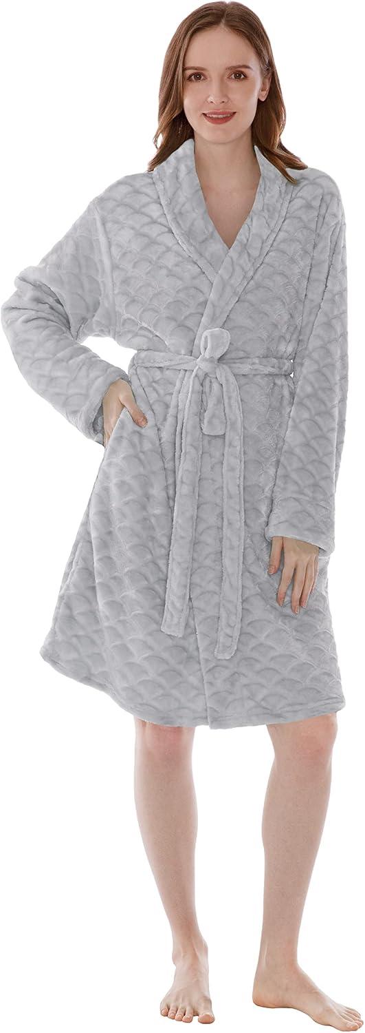 PAVILIA Short Robes for Women, Plush Soft Bathrobe Womens Lightweight, Fluffy Fuzzy Robe Knee Length, Shower Spa (Light Grey, Small-Medium)