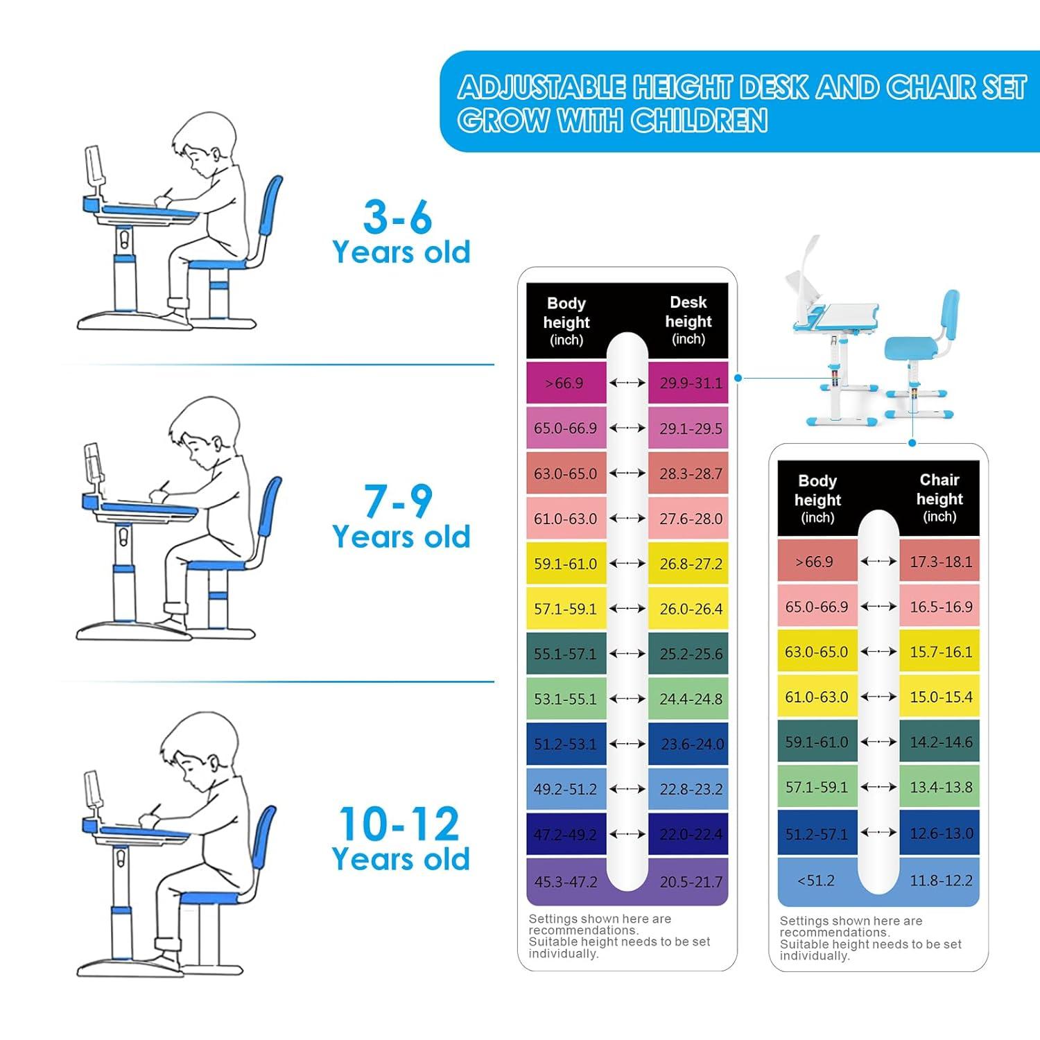 Artist hand Kids Study Table and Chair Set,Adjustable Girls School Writing Study Table,with Large Writing Board LED Pull Out Drawer Pencil Case Bookstand
