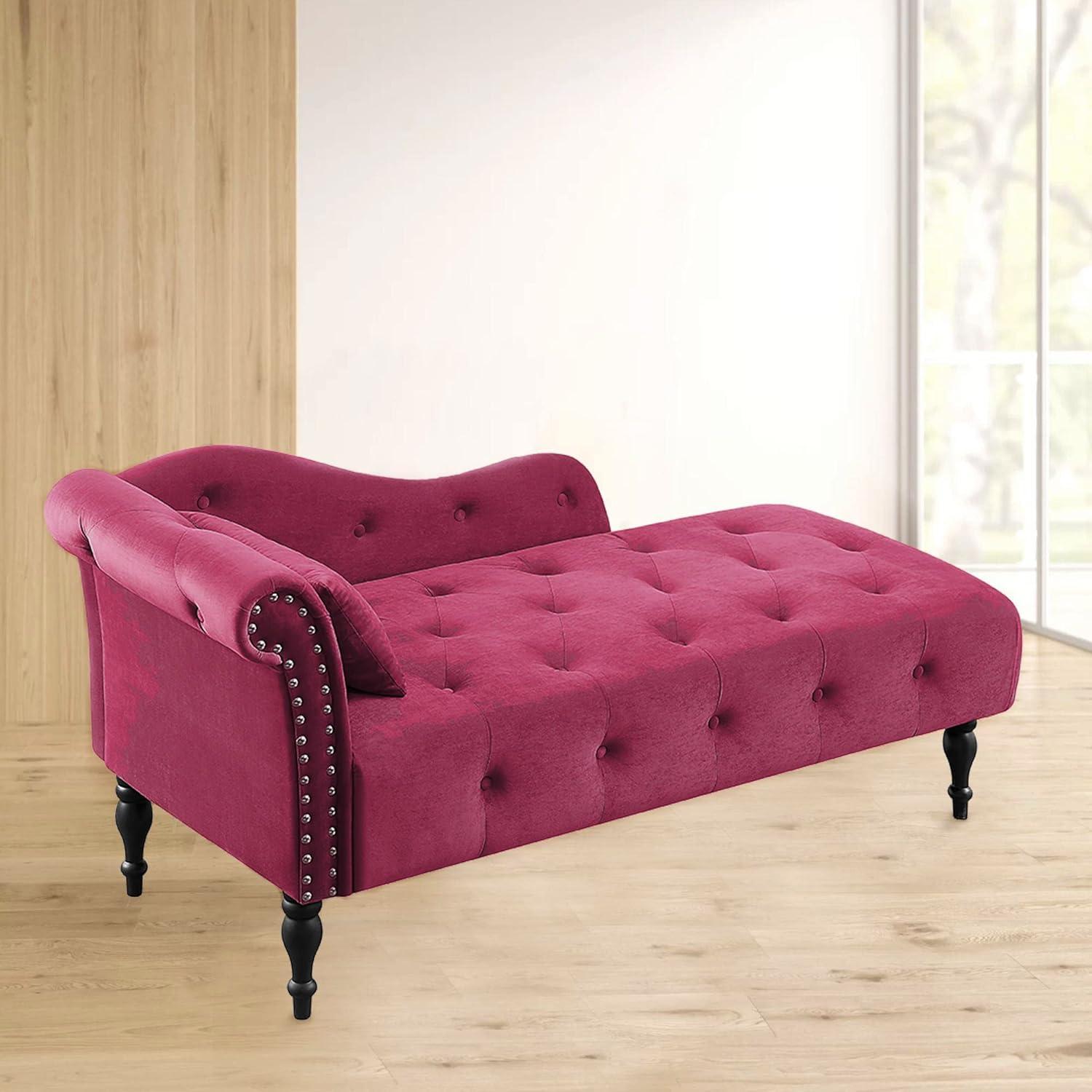 Burgundy Velvet Chaise Lounge with Mahogany Wood Legs