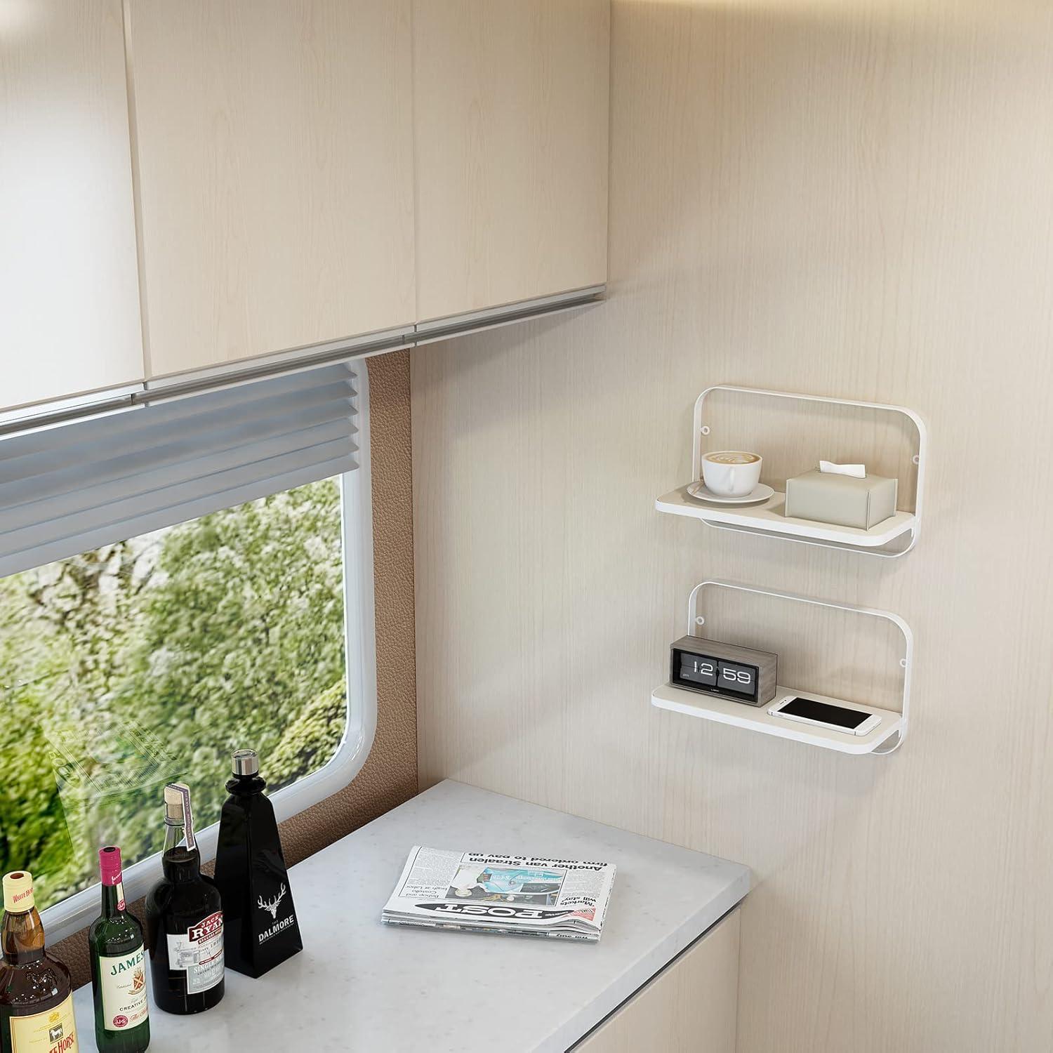 WELLAND 12'' Arlington Floating Shelves Folding Display Wall Shelves, Walnut Grain Wooden Board & Metal Frame, Set of 2