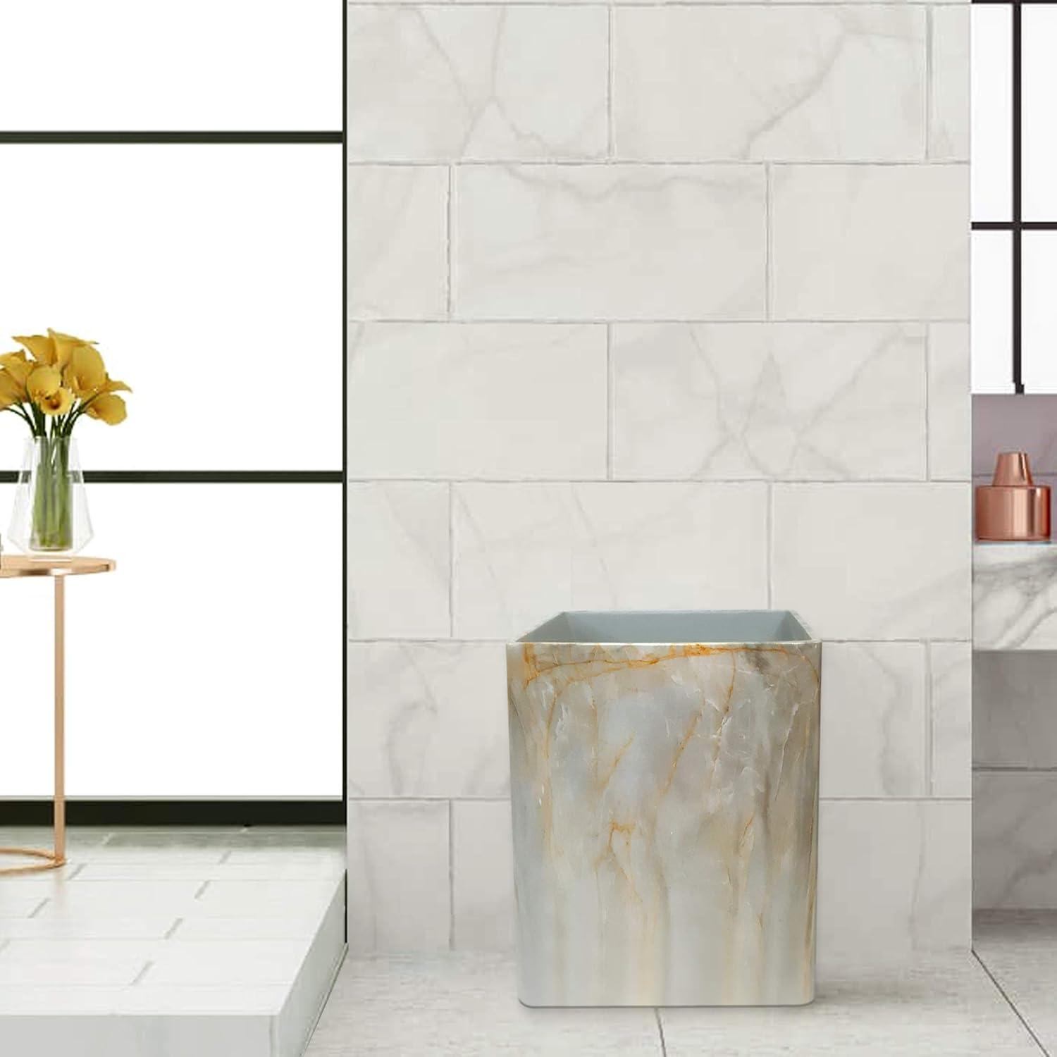 Gray Resin Marble Finish Square Bathroom Wastebasket