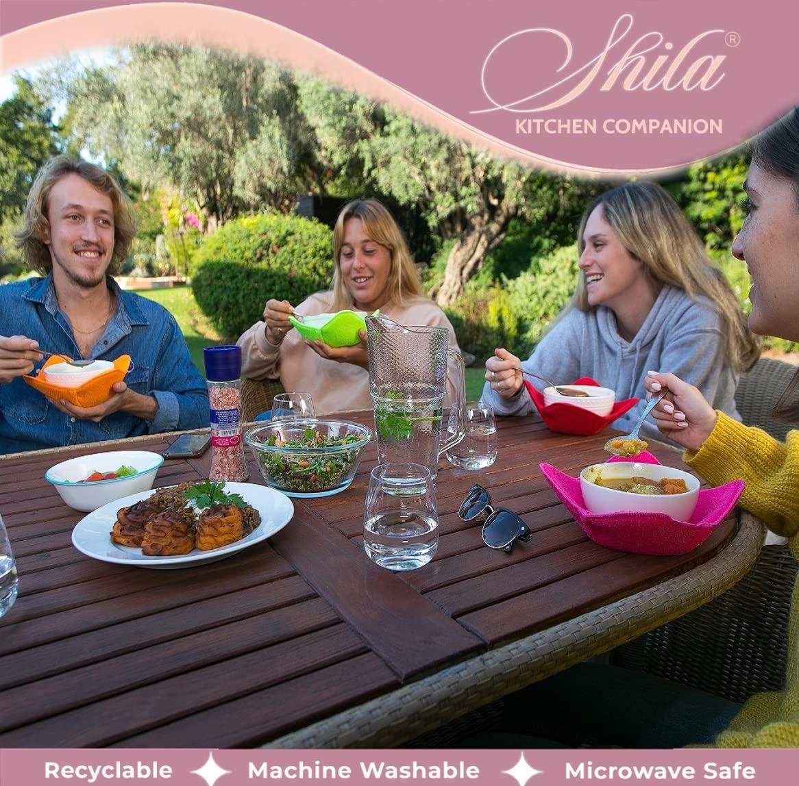 SHILA Bowl Snuggies, Multicolor Set of 5 Microwave-Safe Hot Bowl Holders to Keep Your Hands Cool and Your Food Warm, Polyester & Sponge Heat Resistant Dish Pads for Soup, Rice and Pasta