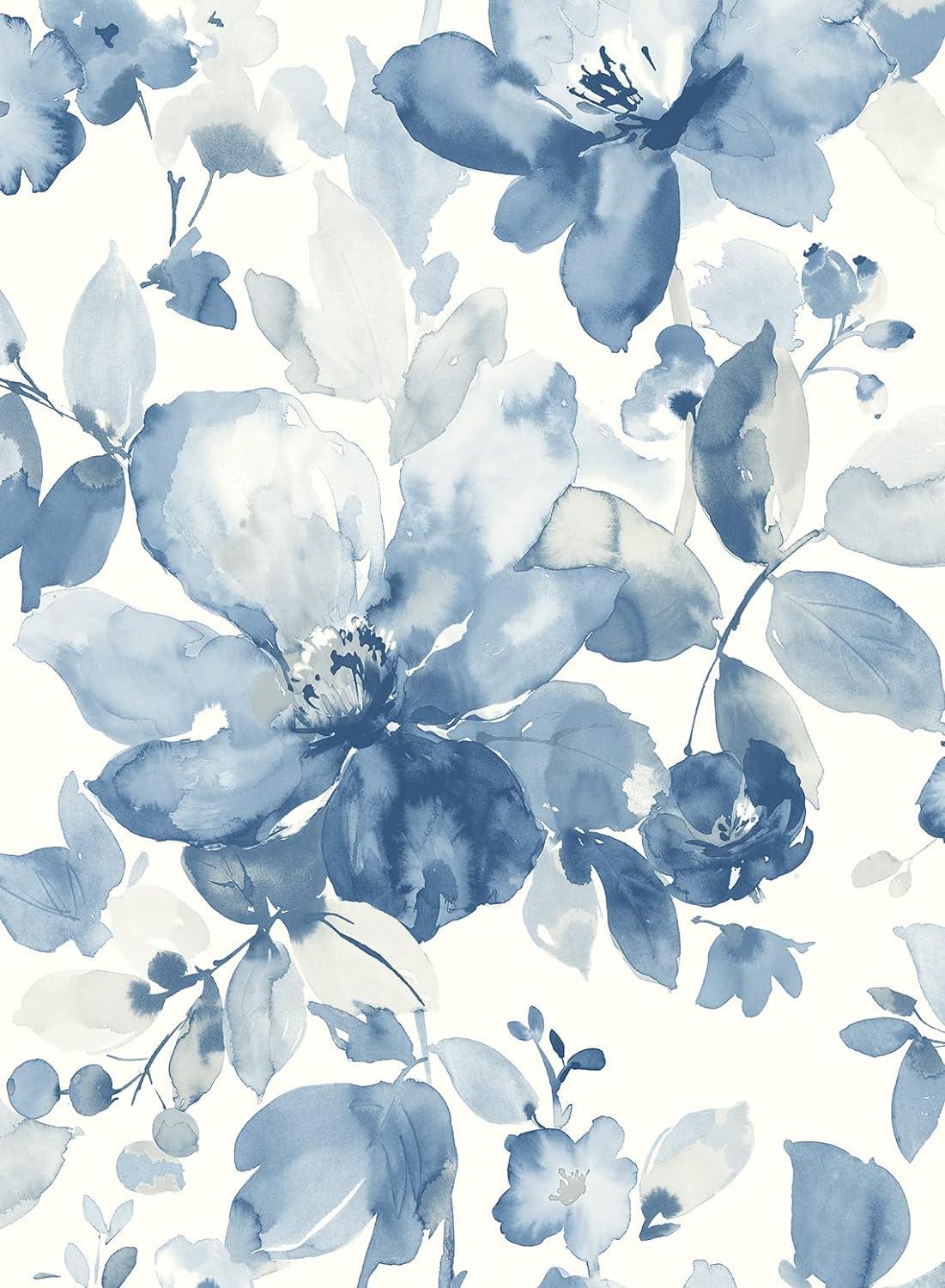 Bluestone Watercolor Flower Peel and Stick Wallpaper