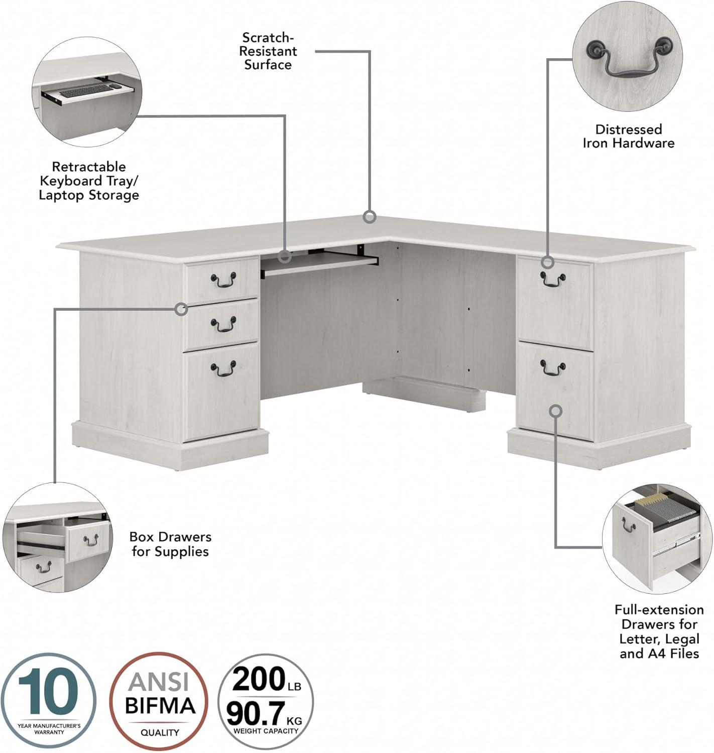 Bush Furniture Saratoga L Shaped Computer Desk with Drawers in Linen White