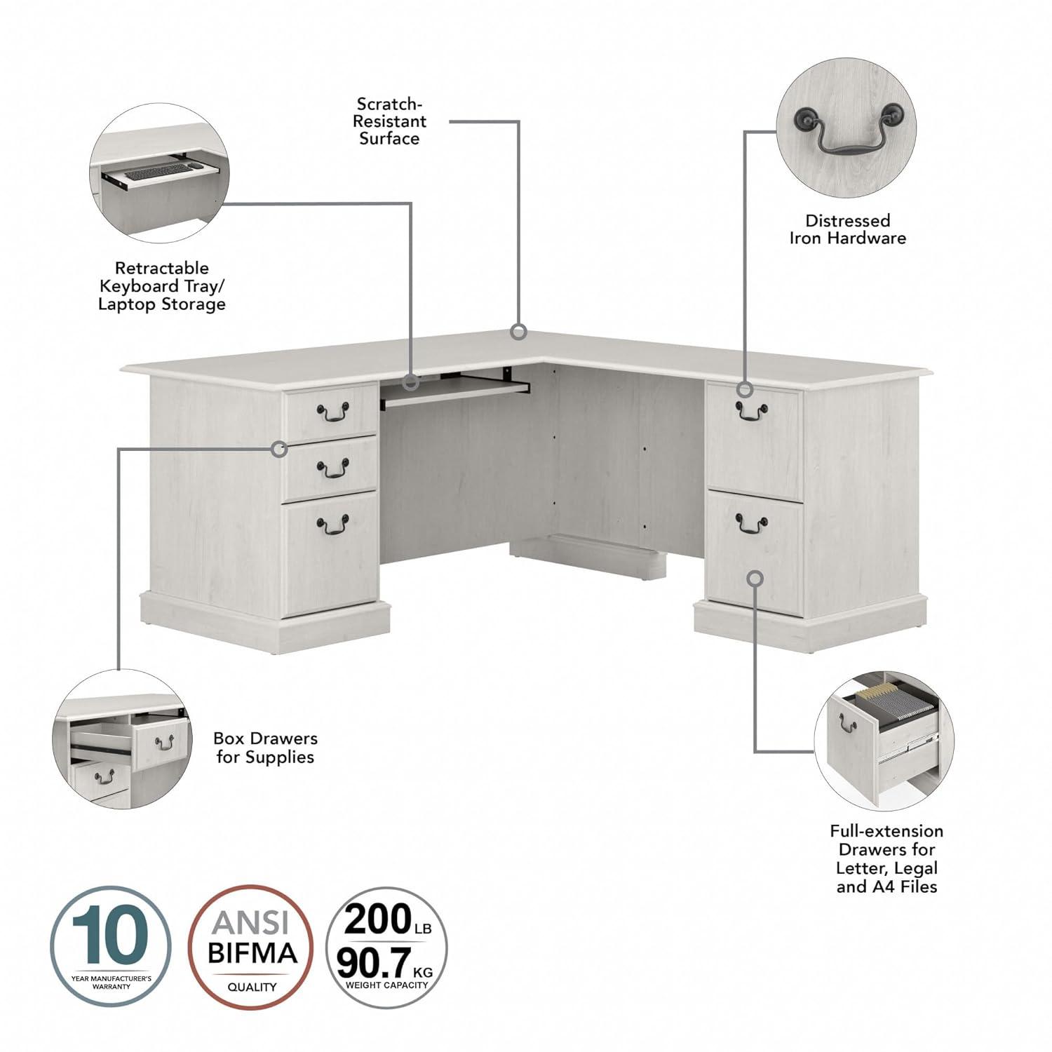 Bush Furniture Saratoga L Shaped Computer Desk with Drawers in Linen White