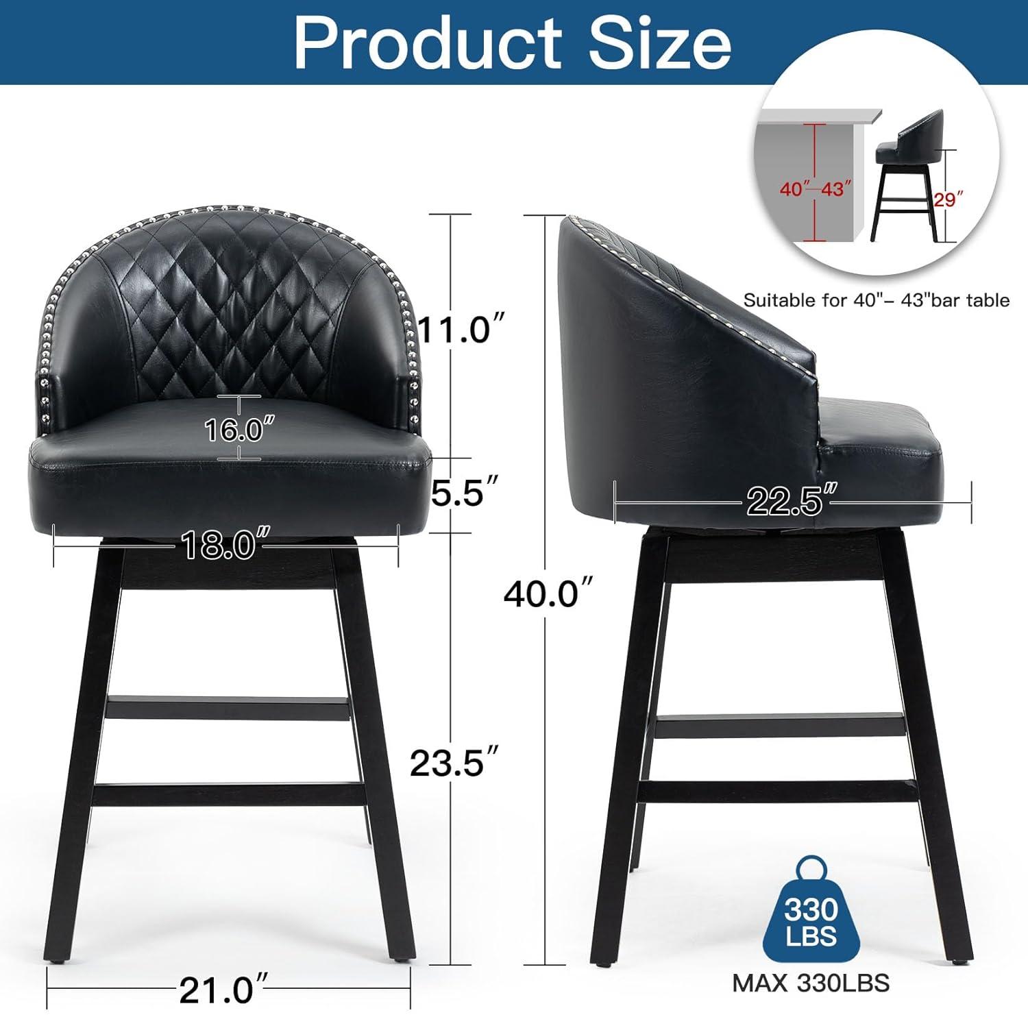 ECOTOUGE Swivel Bar Stools Set of 2, 26" Seat Height Kitchen Stools with Back & Wood Legs, Velvet Upholstered Counter Stools with Pull Ring for Kitchen Island, Dining Room, Pub & Cafe, Black