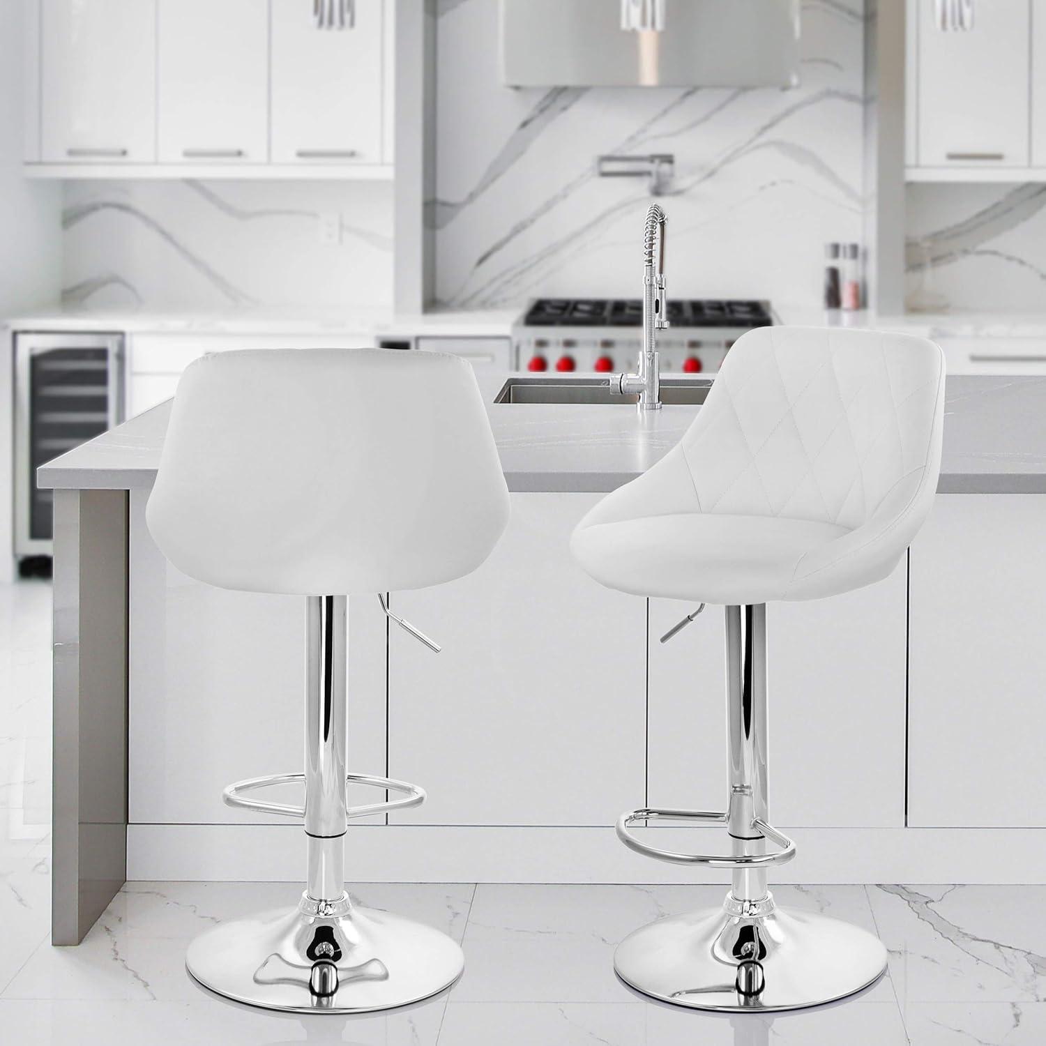 Elama 2 Piece Diamond Stitched Faux Leather Bar Stool in White with Chrome Base  and Adjustable Height