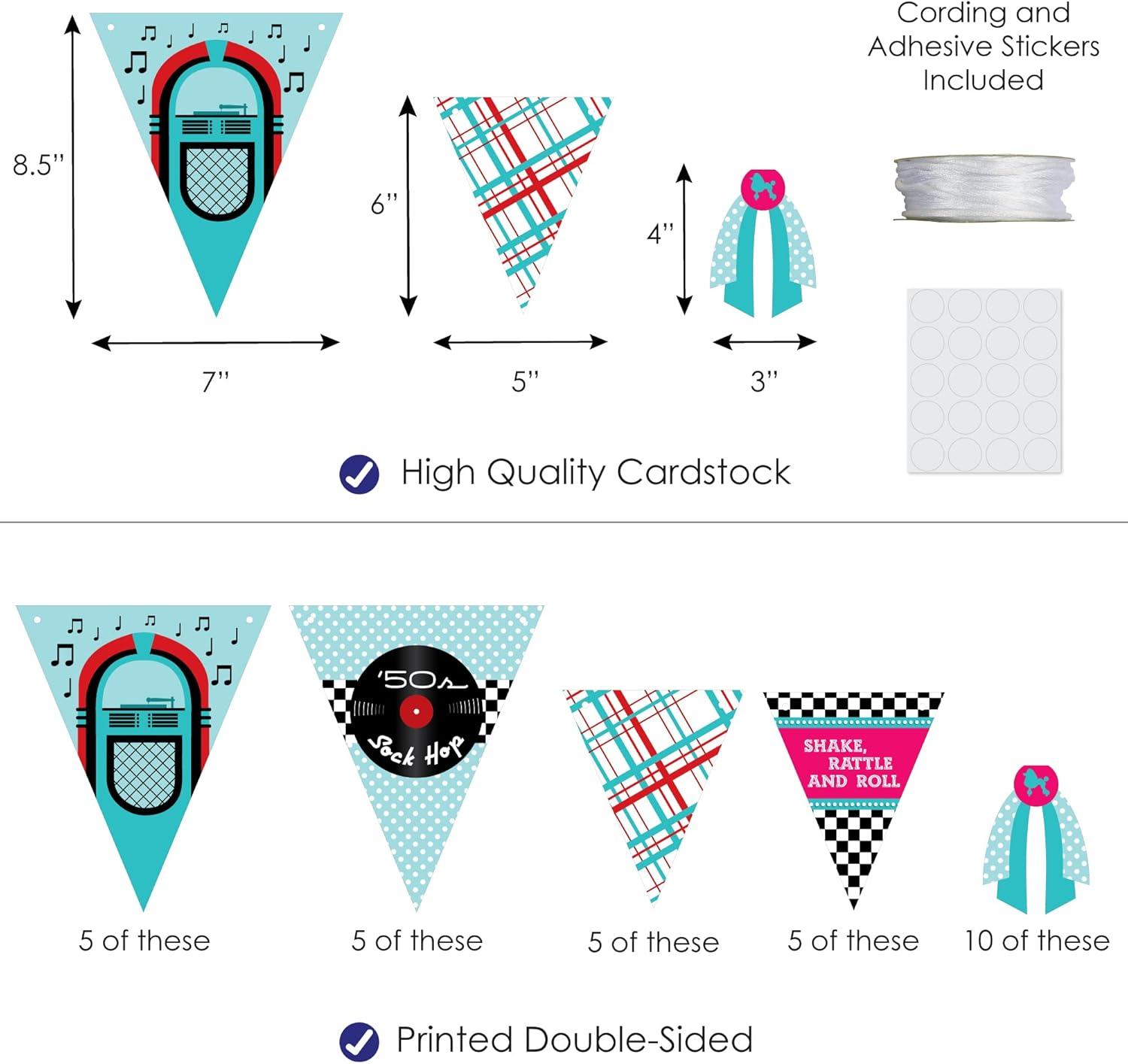Big Dot of Happiness 50's Sock Hop - DIY 1950s Rock N Roll Party Pennant Garland Decoration - Triangle Banner - 30 Pieces