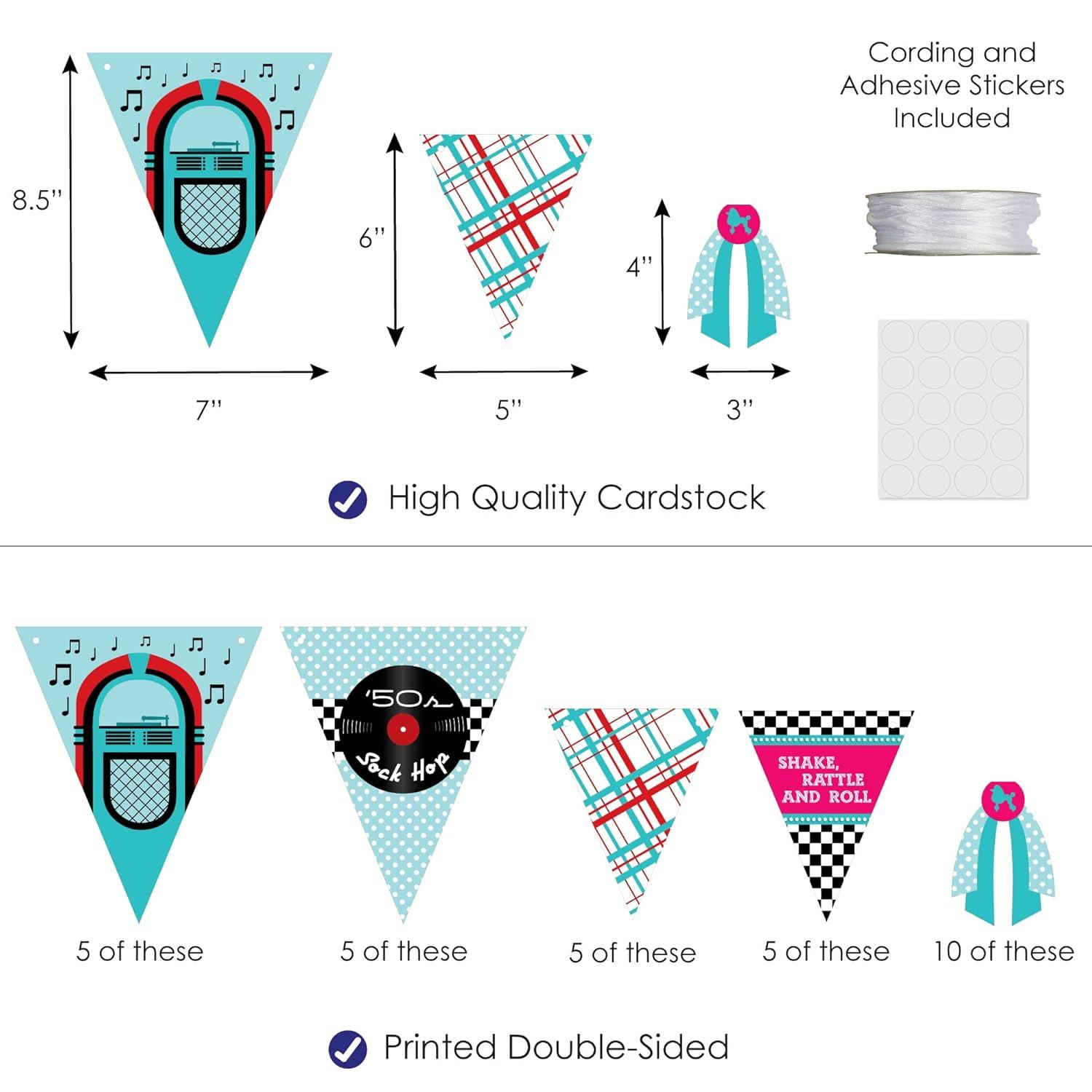Big Dot of Happiness 50's Sock Hop - DIY 1950s Rock N Roll Party Pennant Garland Decoration - Triangle Banner - 30 Pieces