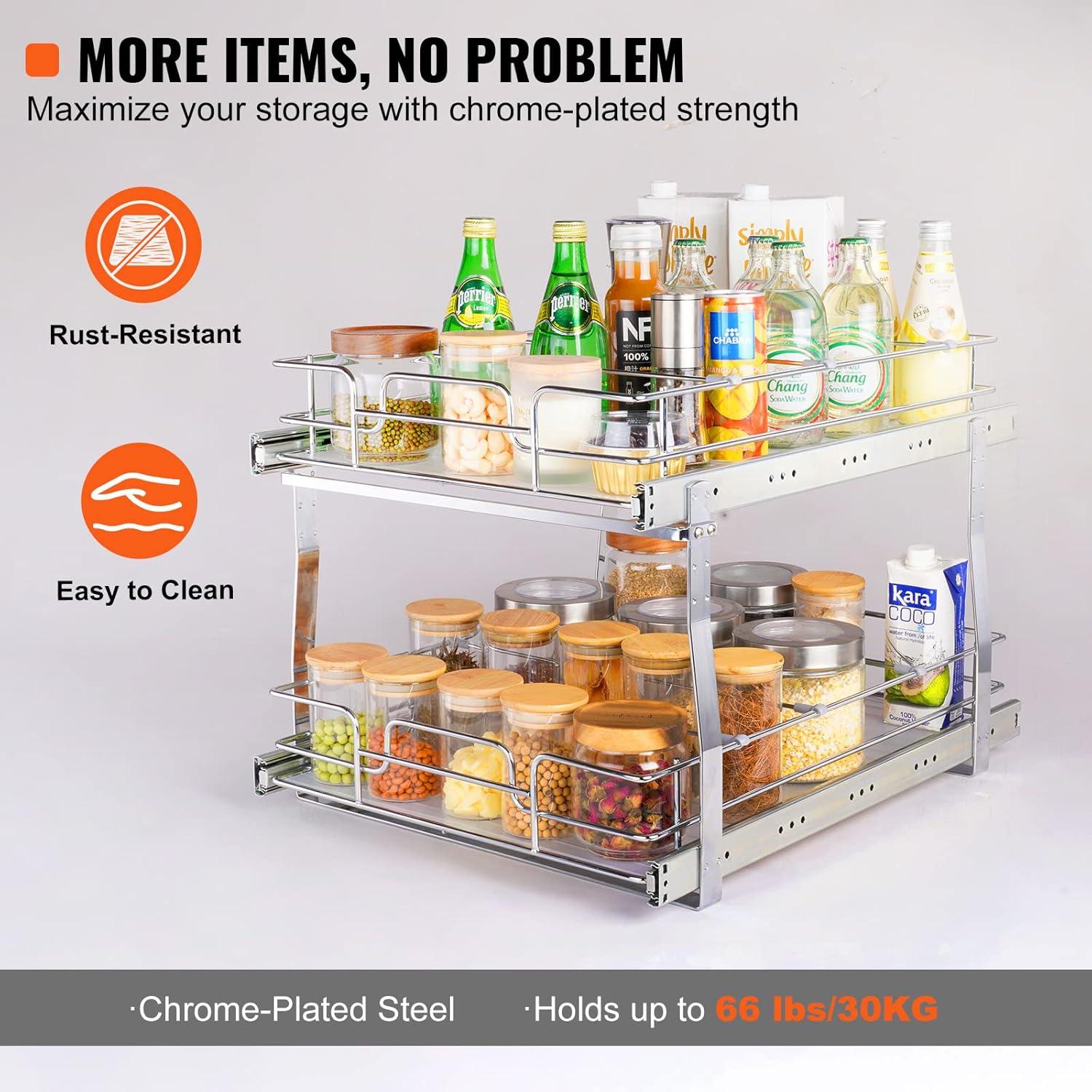 VEVOR 2 Tier Pull Out Cabinet Organizer(10.7"W x 14.2"D ), Under Sink Organizer and Storage, Slide Out Drawer Cabinet Organizer, Wire Basket Sliding Shelf for Kitchen Bathroom Cabinet, Black (2 Pack)