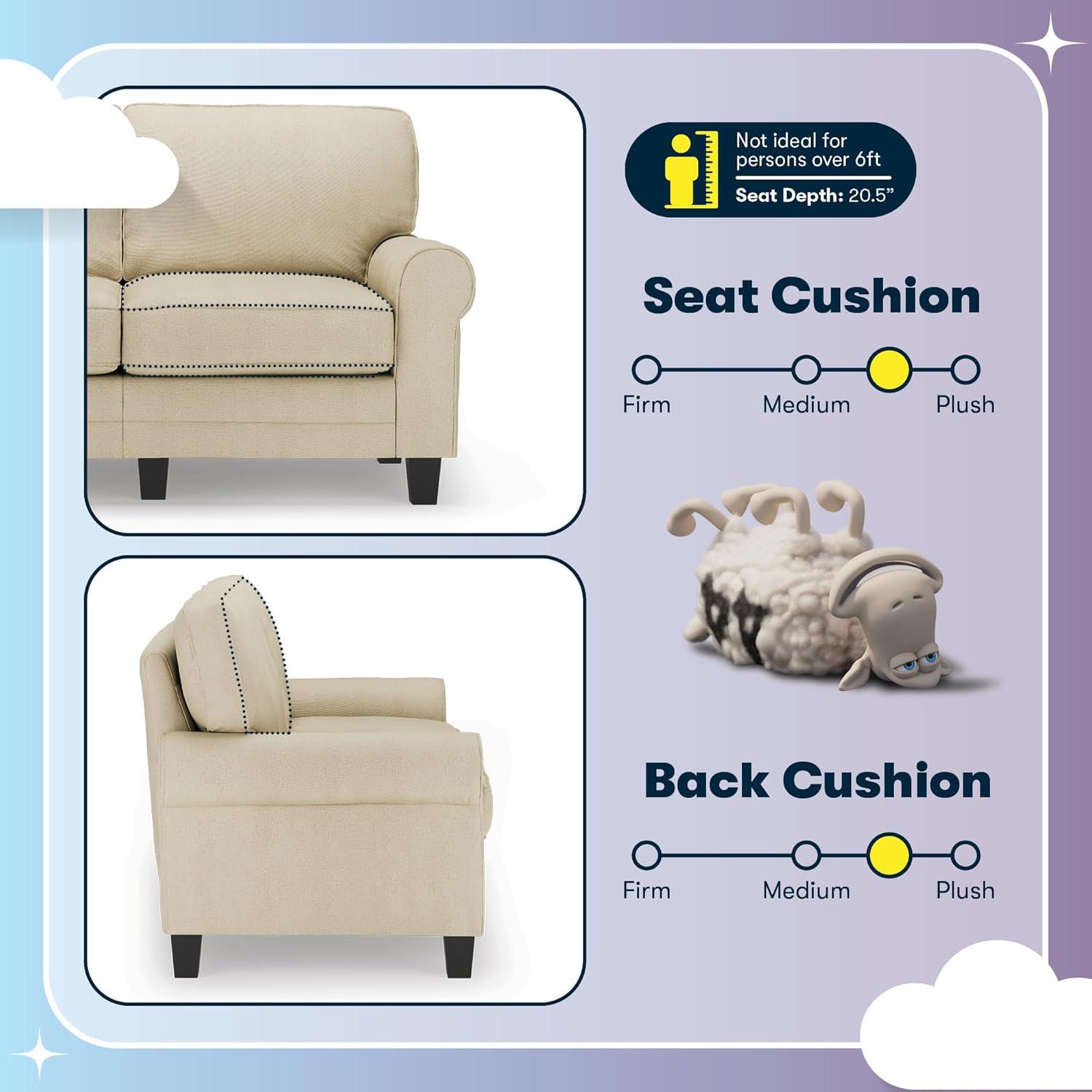 Serta Copenhagen 61" Rolled Arm Sofa, Easy Care Fabric, Soft Pillow Back, Pocket Coil Seat Cushions