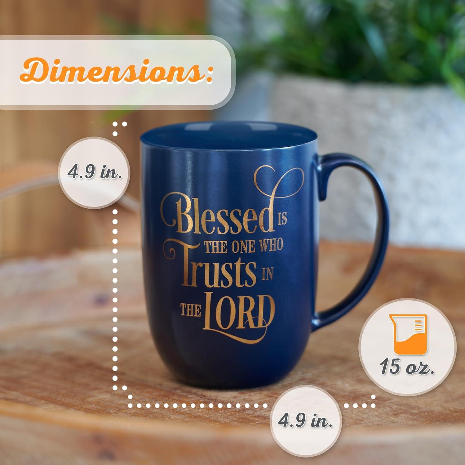 Christian Art Gifts Ceramic Large Coffee & Tea Mug for Men & Women: Blessed is the One Who Trusts - Jeremiah 17:7 Inspirational Bible Verse w/Golden Accents & Sturdy Handle, Navy Blue, 15 fl. oz.