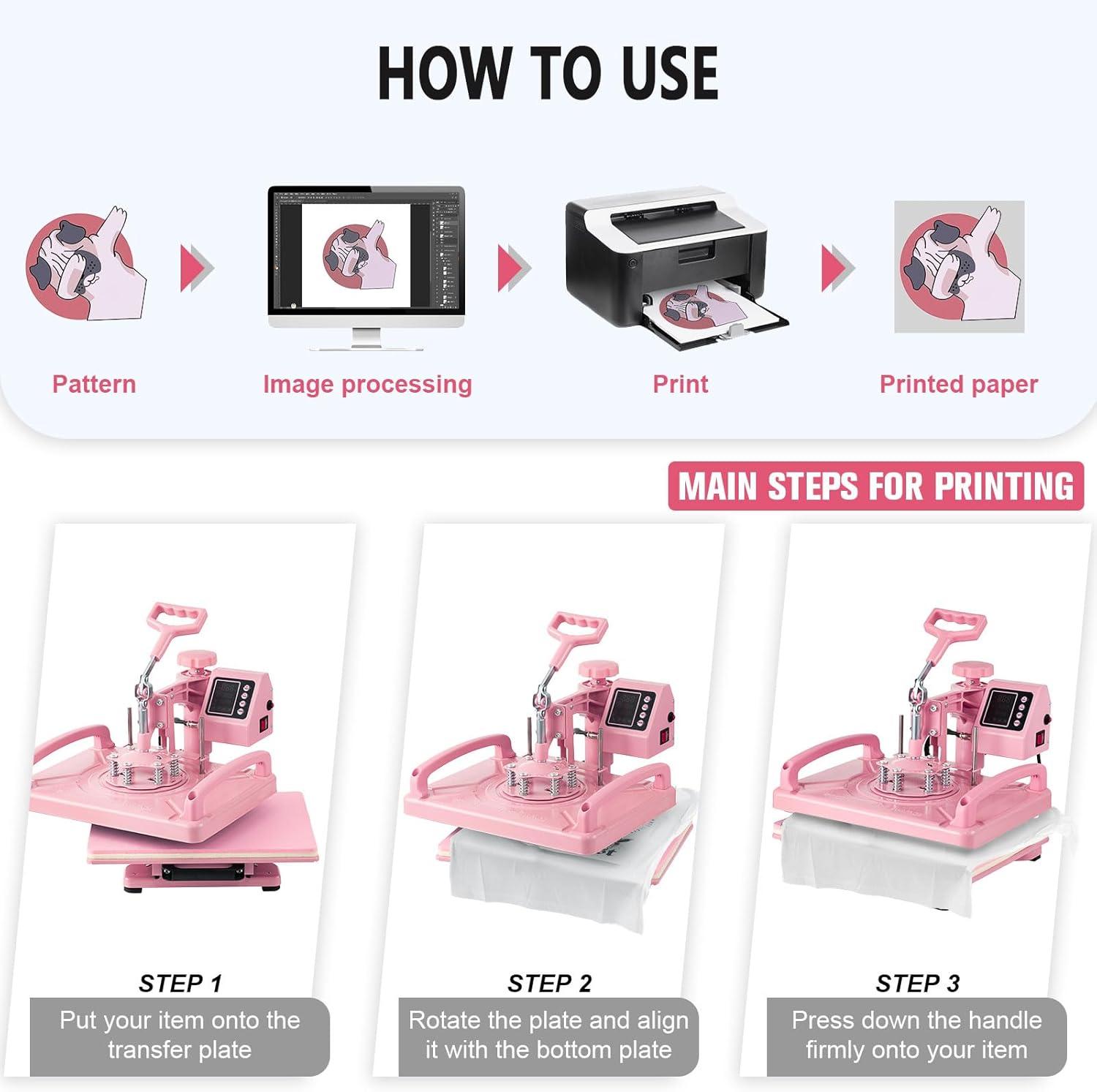 Pink 15x15 Inch 5-in-1 Heat Press Machine with Tumbler Attachments