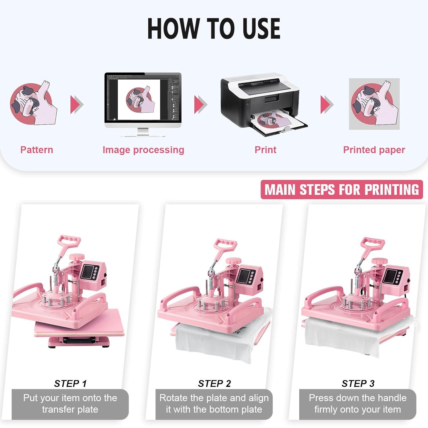 VEVOR Heat Press Machine 15x15 inch, Heat Press Machine for T-Shirts, 5 in 1 Heat Press with 30 OZ Tumbler Press, Combo Tumbler Heat Press Machine Sublimation for Hat Cap Mug Plate, Pink