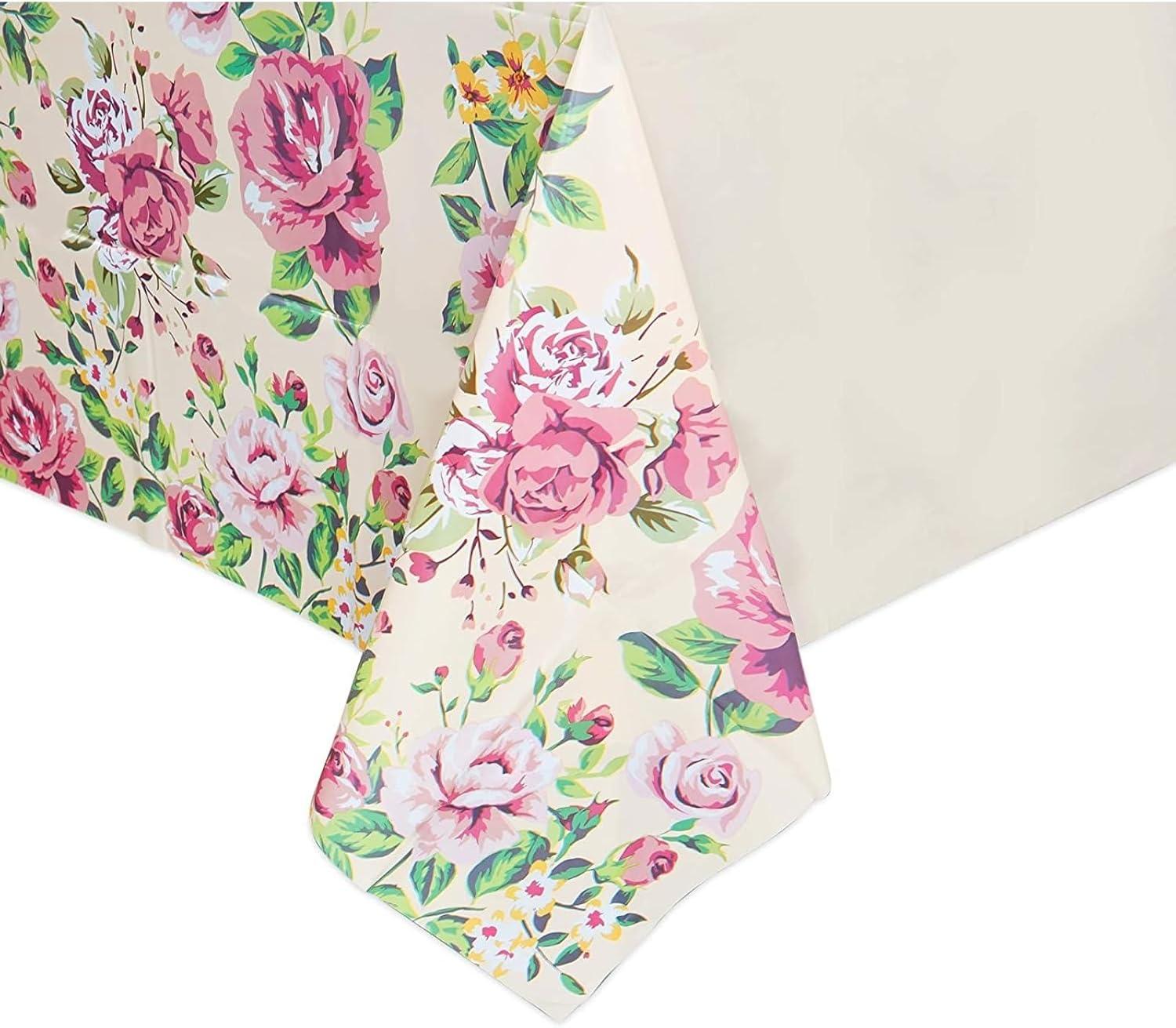 3 Pack Floral Pink Rose Tablecloth, Plastic Table Cover for Wedding, Birthday Party Decorations (54 x 108 in)