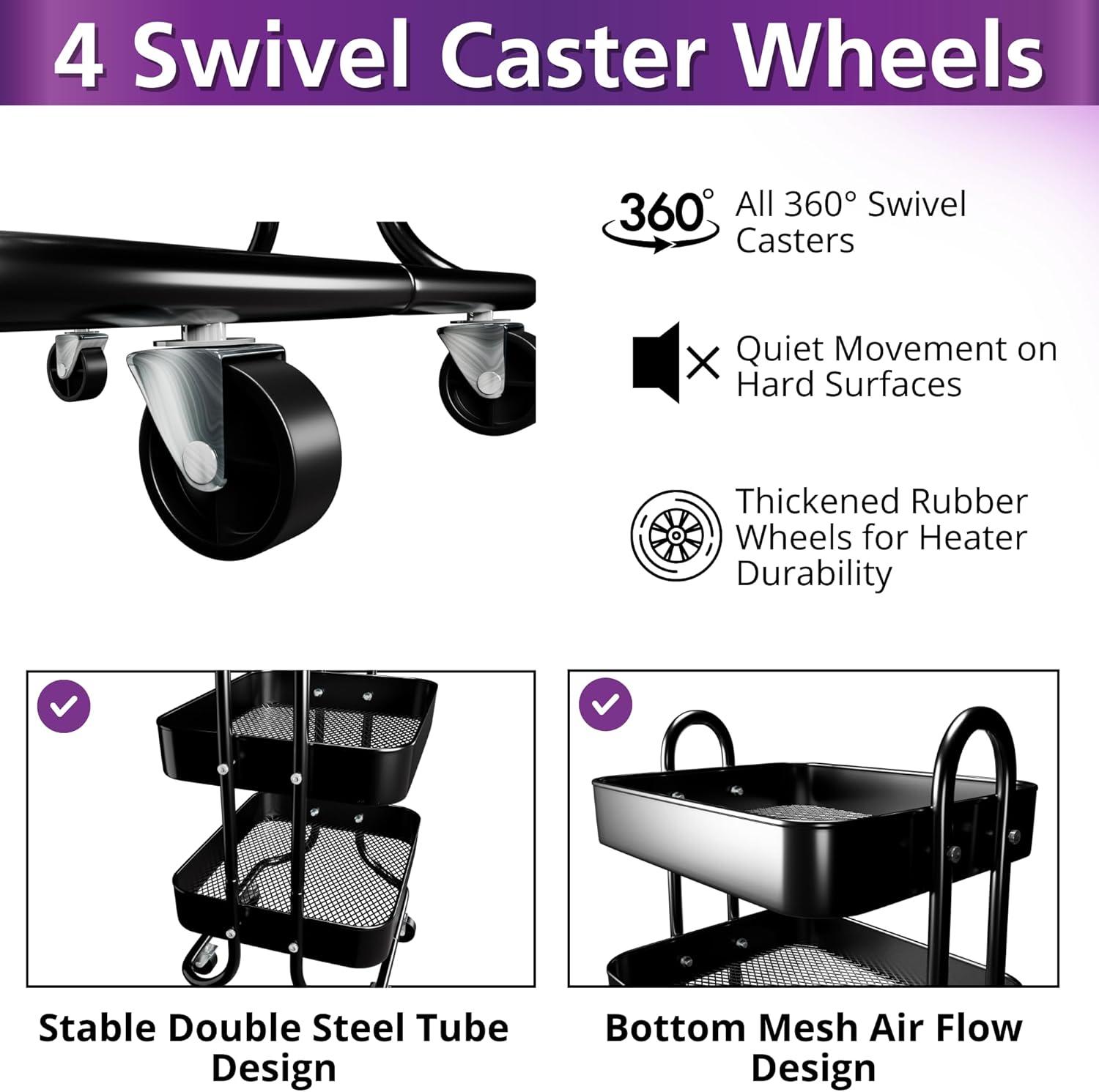 Black 3-Tier Metal Rolling Storage Cart with Wheels