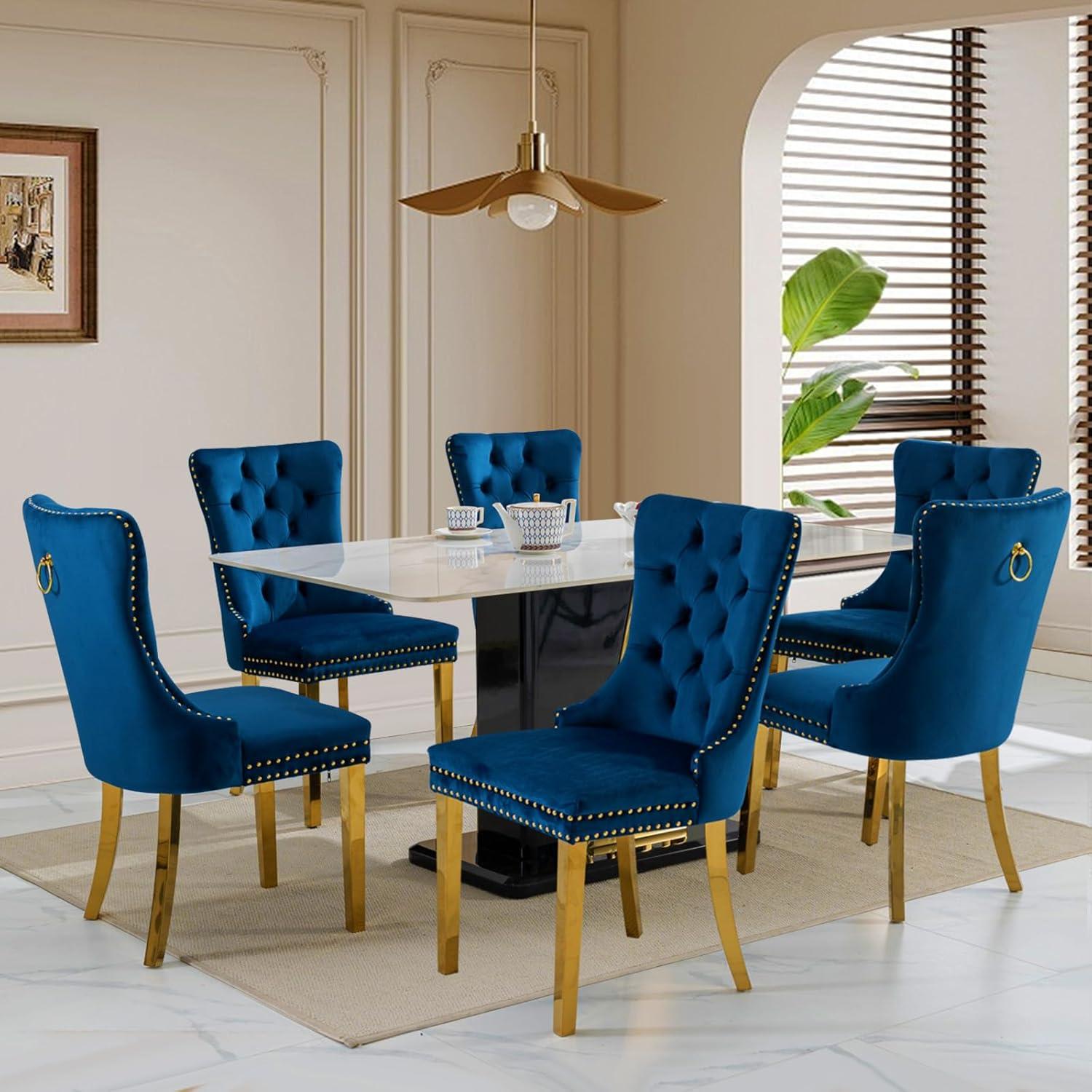 Deep Blue Velvet Upholstered Dining Chairs with Gold Legs, Set of 6