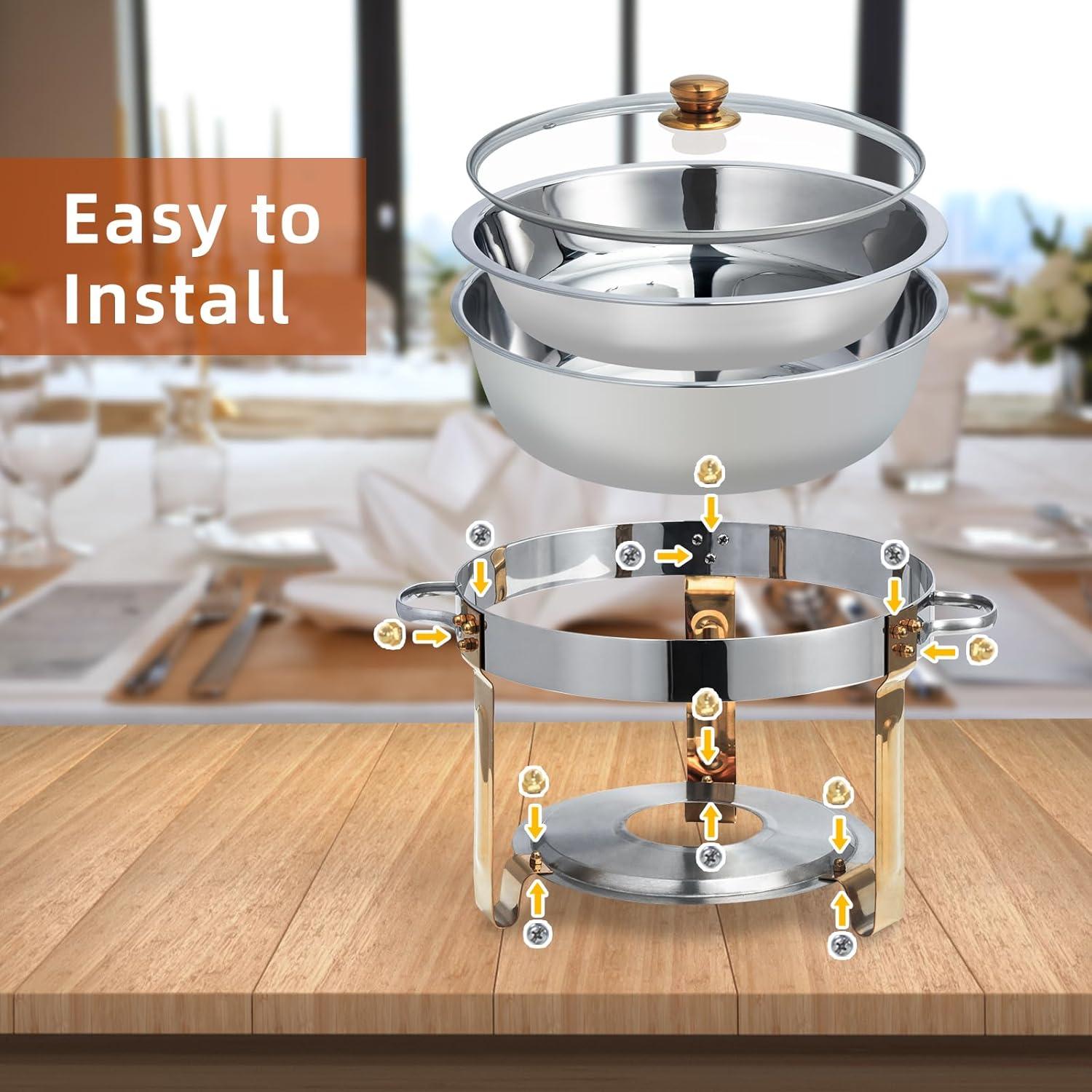 WhizMax Chafing Dish Buffet Set 2 Pack 5QT, Stainless Steel Round Chafing Dishes for Buffet with Lid Holder & Glass Lid, Gold