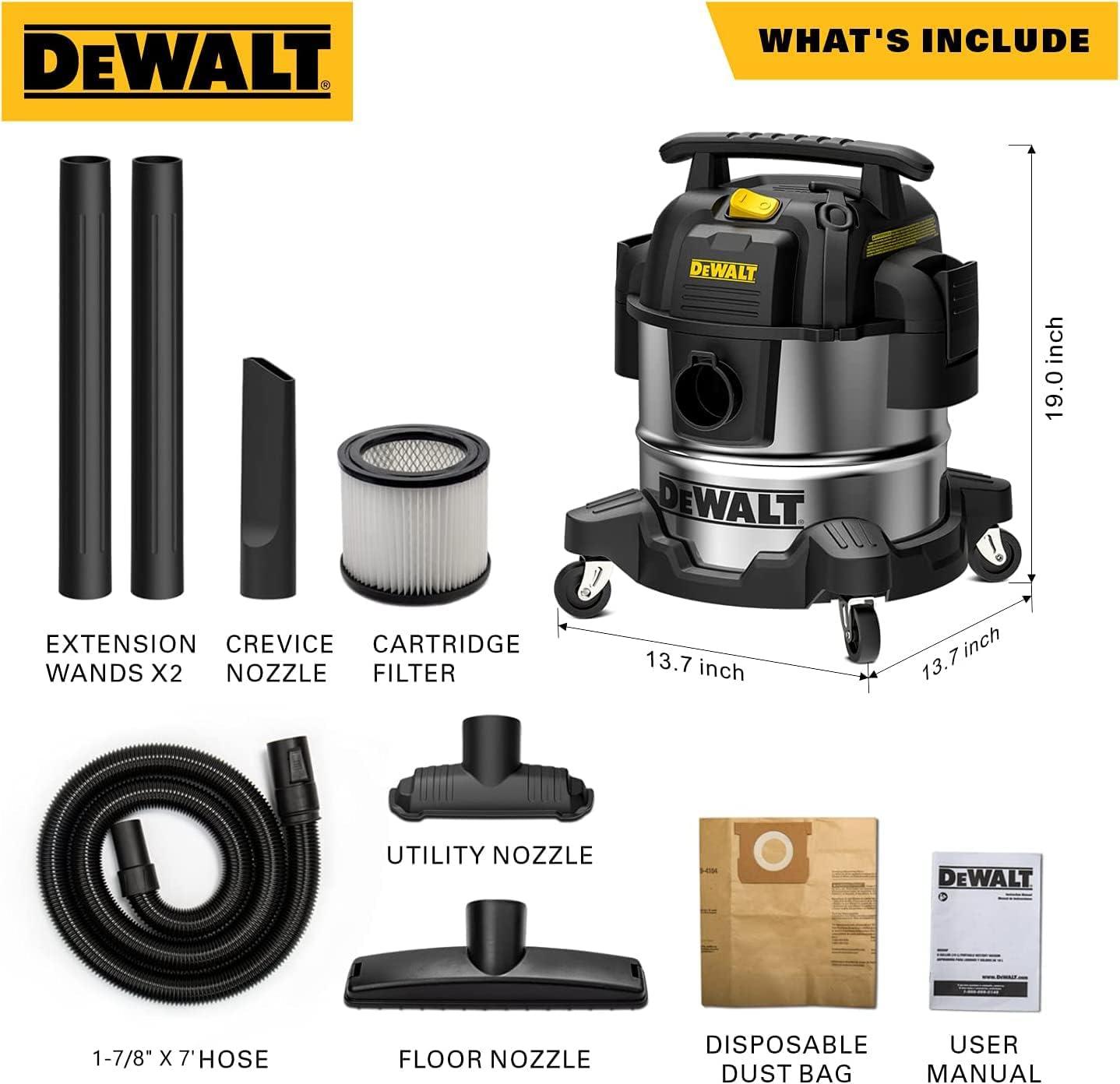 DEWALT DXV05S 5 Gallon Stainless Steel Wet/Dry Vac, 4 Peak HP Shop Vacuums with Attachments, Powerful Suction, 1-7/8" Hose, DXV05S, Silver