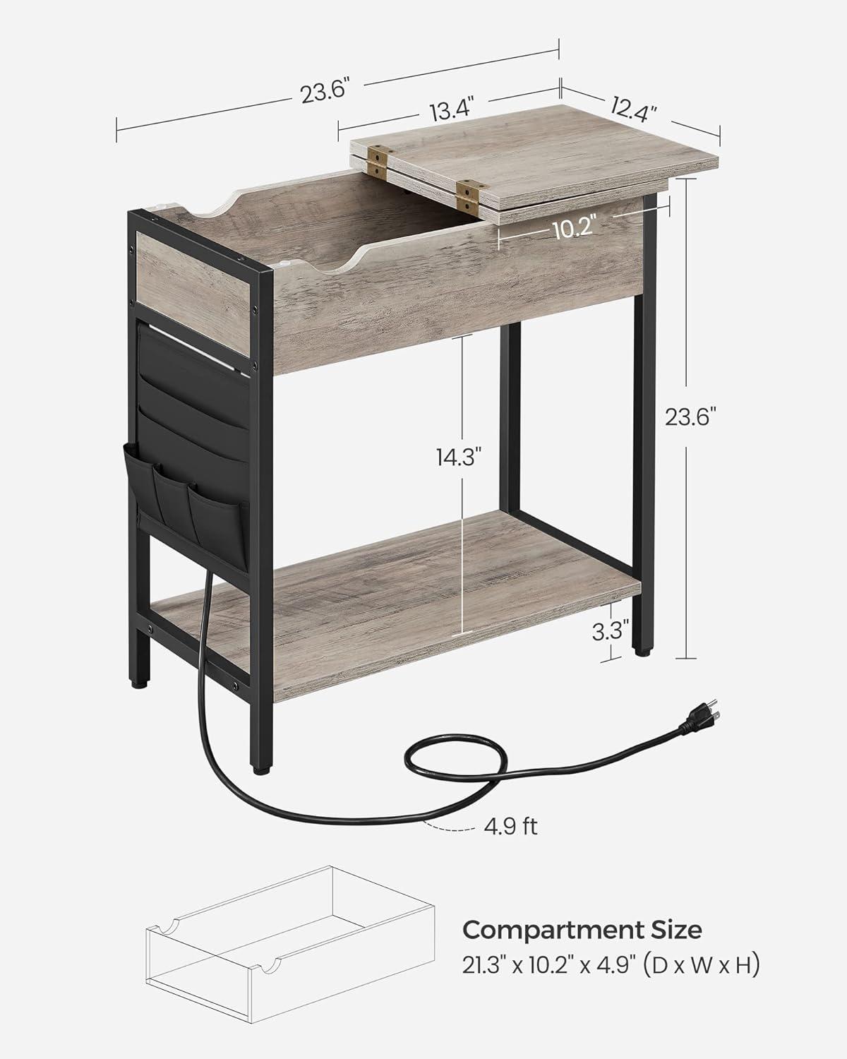 Greige and Black Steel Frame Side Table with Storage and Charging Station