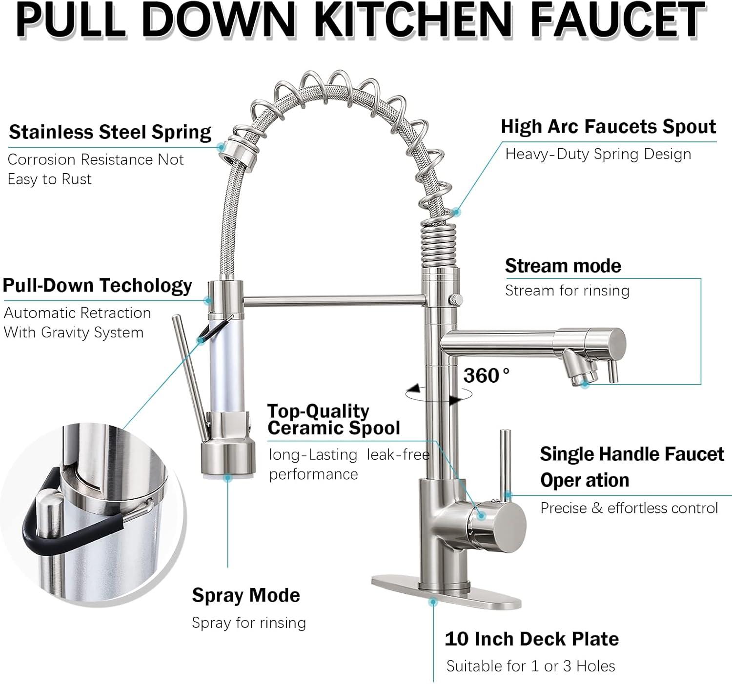 Stainless Steel Single Handle Spring Kitchen Sink Faucets With Sprayer, With Deck Plate, Brushed Nickel