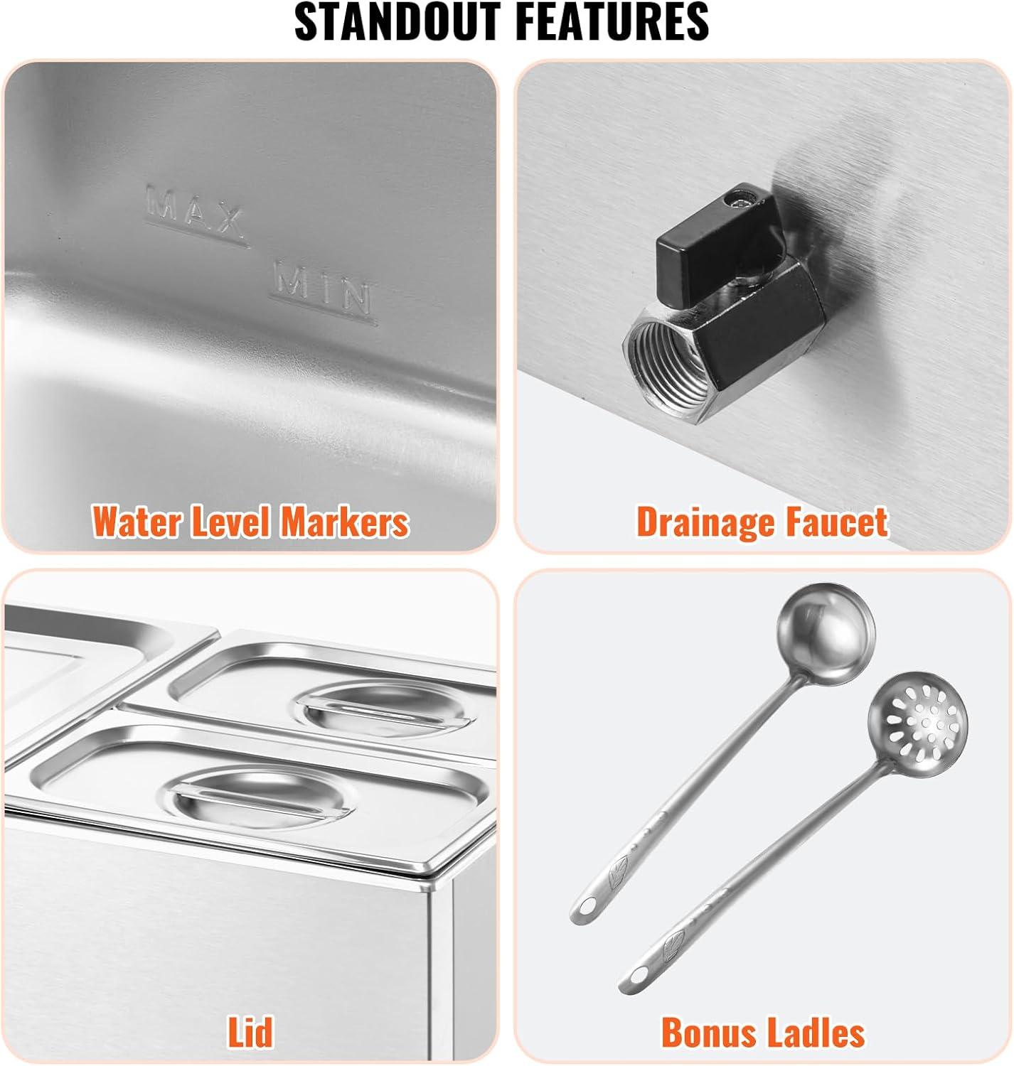 VEVOR 3-Pan Commercial Food Warmer, 17QT Electric Steam Table, 1200W Professional Countertop Stainless Steel Buffet Bain Marie with 86-185°F Temp Control for Catering and Restaurants, Silver