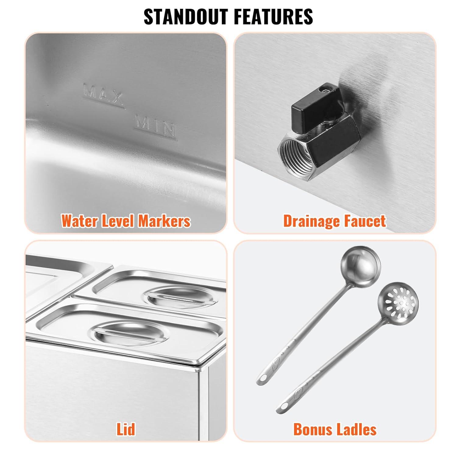 VEVOR 3-Pan Commercial Food Warmer, 17QT Electric Steam Table, 1200W Professional Countertop Stainless Steel Buffet Bain Marie with 86-185°F Temp Control for Catering and Restaurants, Silver