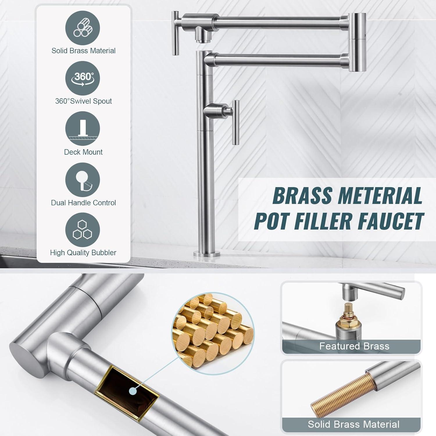 Wowow Pot Filler Faucet Deck Mount Stove Faucet, Solid Brass Pot Filler Brushed Nickel Kitchen Folding Faucet