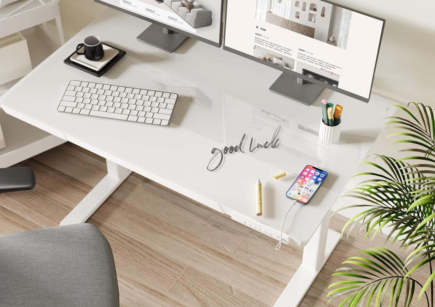 White Glass Adjustable Standing Desk with Drawer and USB Ports