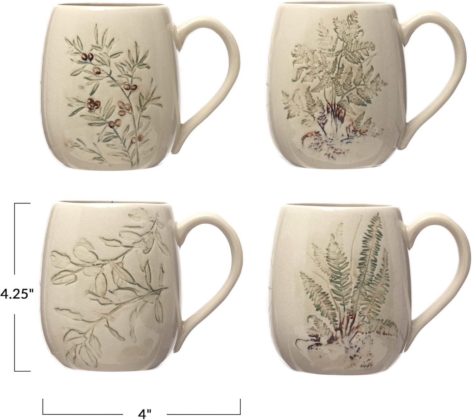 Creative Co-Op Debossed Stoneware Mug, Set of 4 Styles, Cream and Green Reactive Crackle Glaze