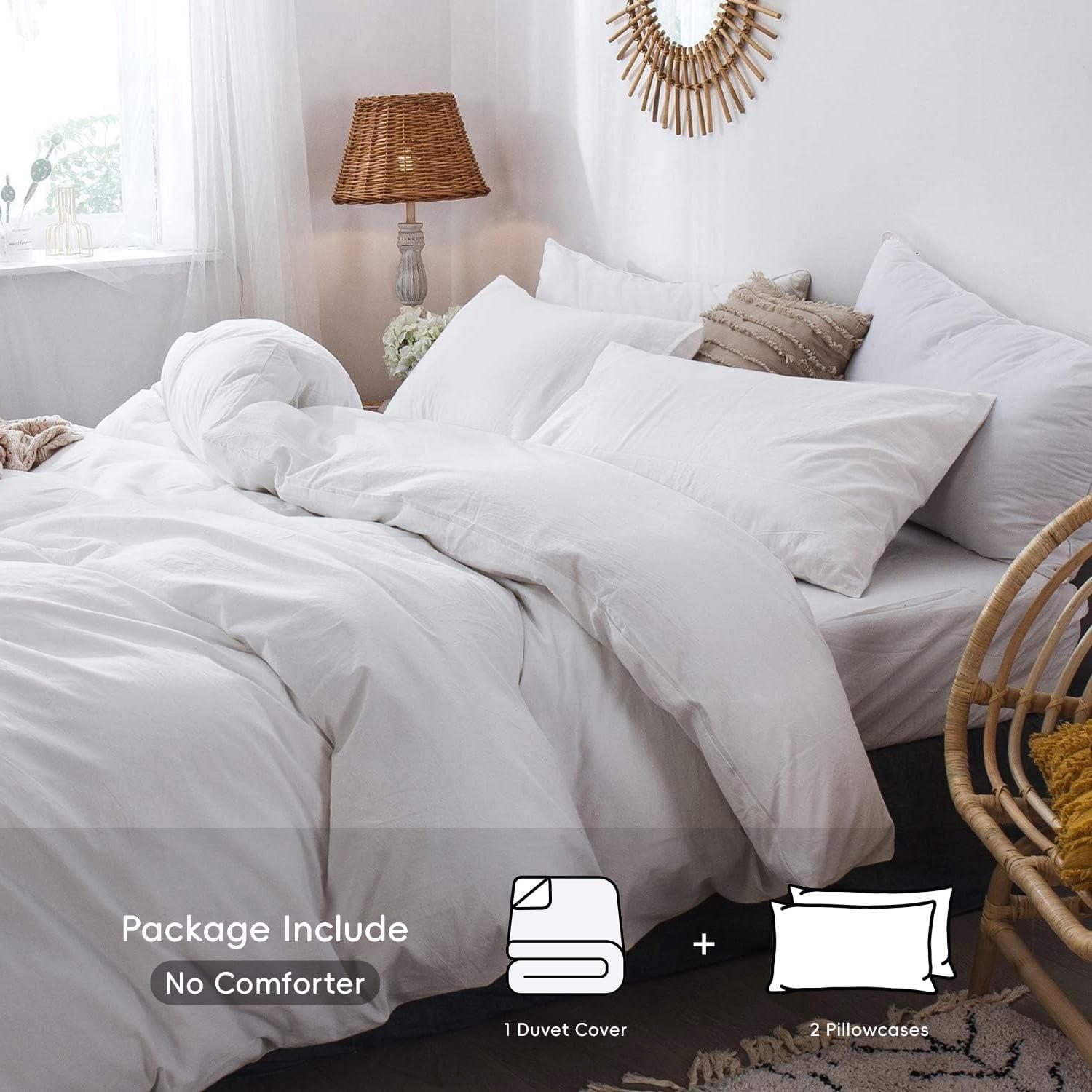 Bedding Duvet Cover Set 100% Washed Cotton Linen Like Textured Breathable Durable Soft Comfy (Off White, King)