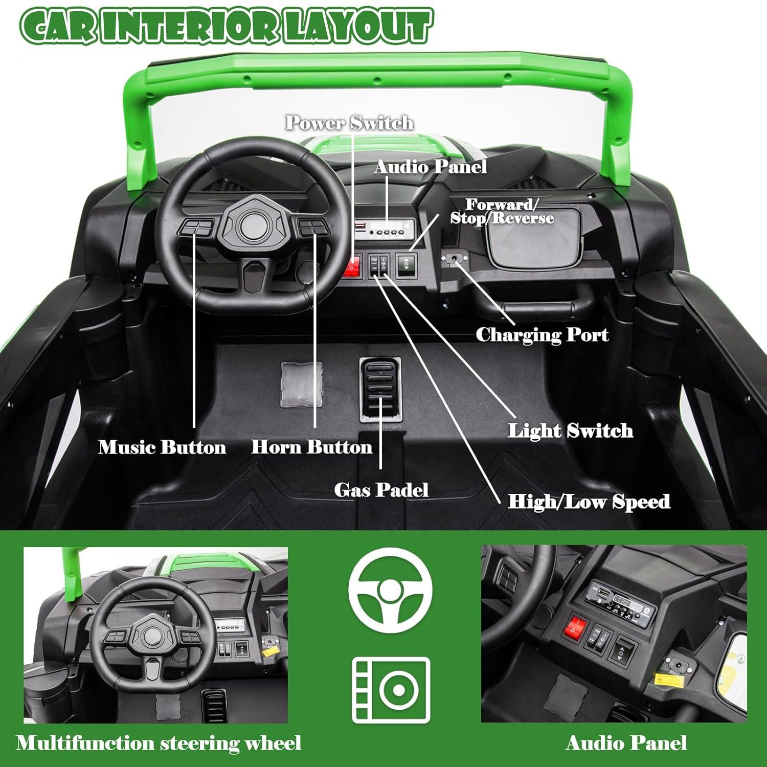 24V Ride on Car 2 Seater Ride on UTV 4X4 Off-Road UTV for Kids 4X200W Powerful Motor Kids' Electric Vehicles with Remote Control, Spring Suspension, Led Light, Bluetooth Music, Green