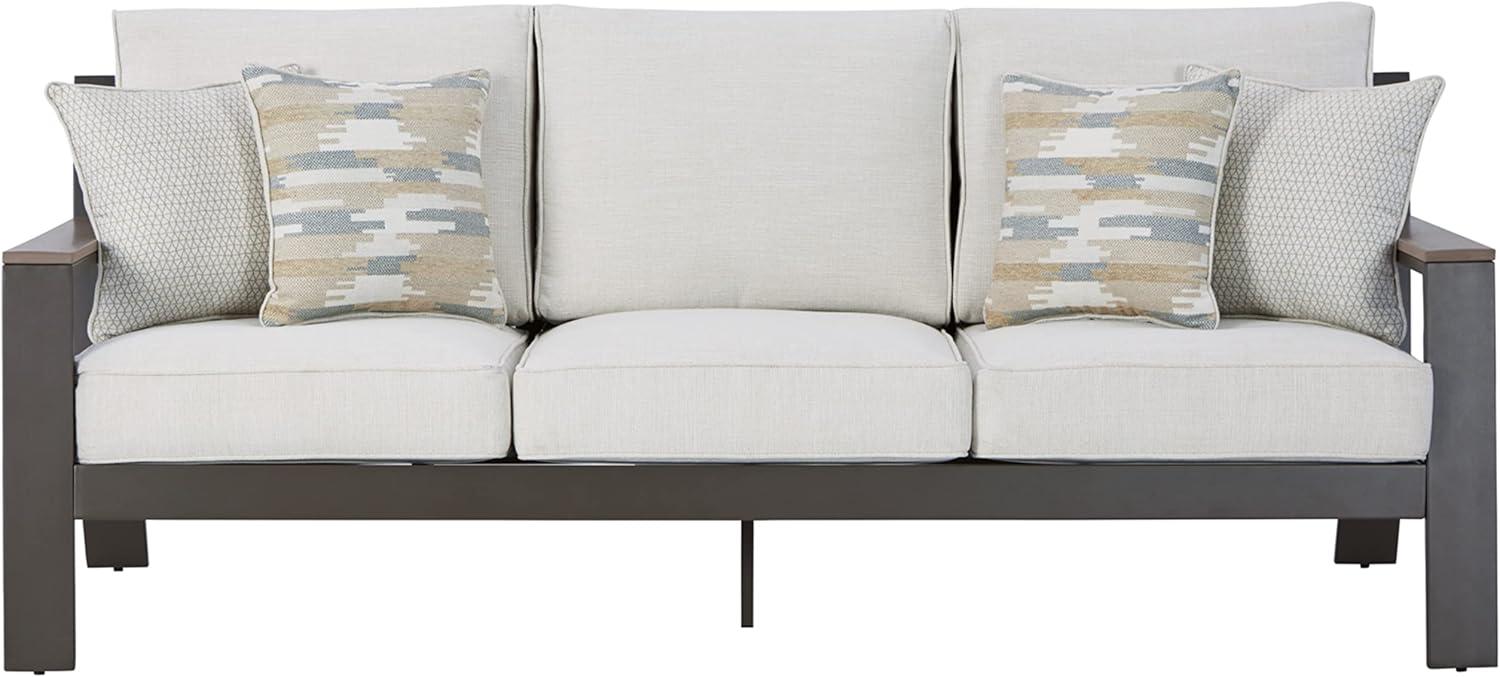 Beige and White Transitional Stationary Outdoor Sofa with Cushions