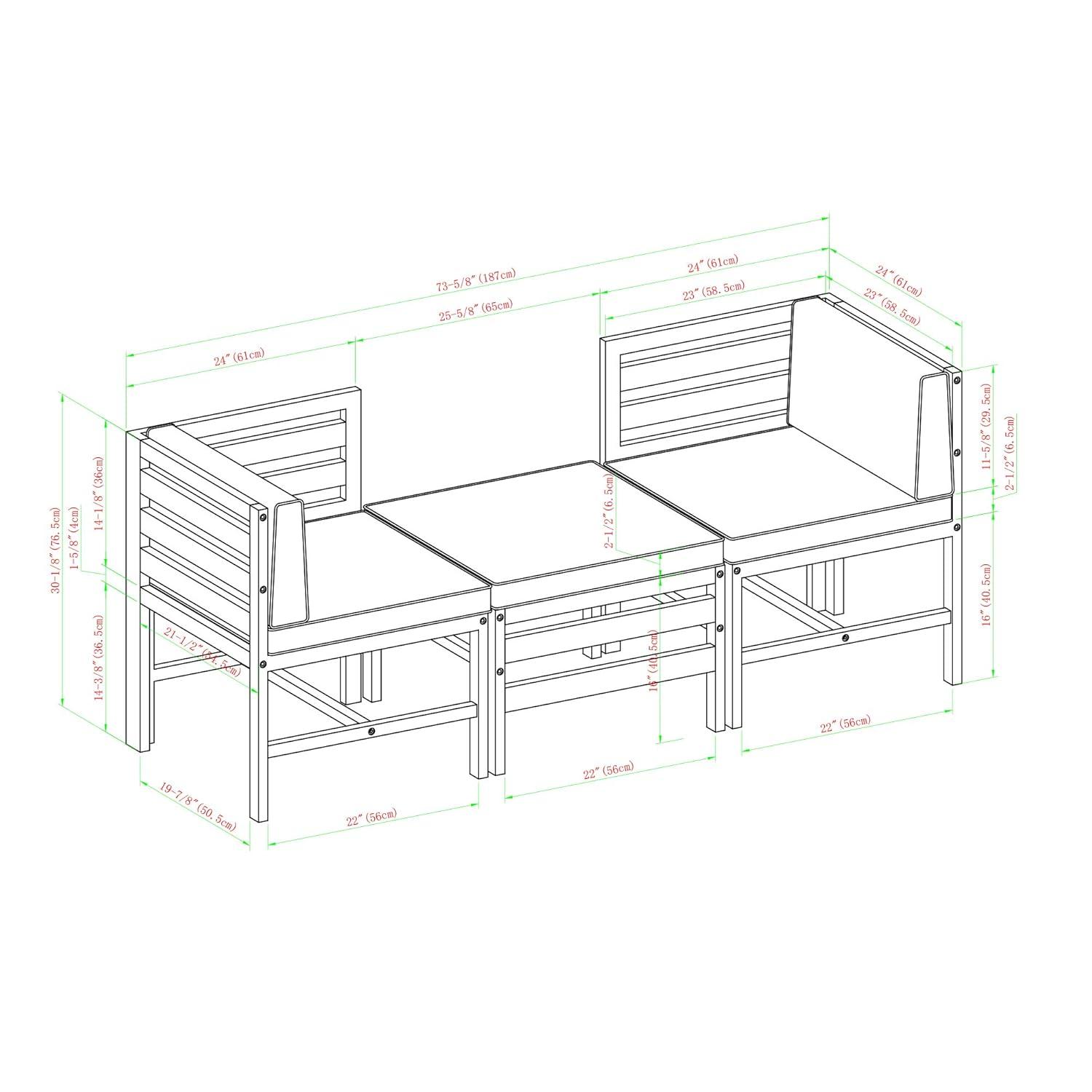 Walker Edison Modular Outdoor Acacia L/R Chairs + Ottoman - Dark Brown