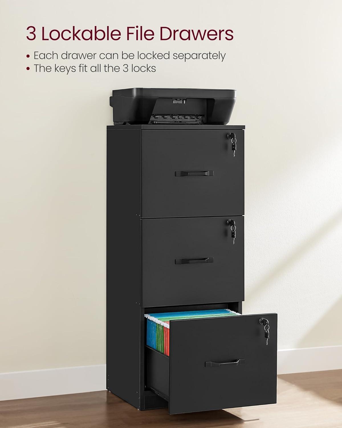 VASAGLE 3 Drawer File Cabinet, File Cabinet with Lock, Printer Stand, Office Filing Cabinet Organizer, for A4 and Letter Size Files, Ink Black UOFC055B16