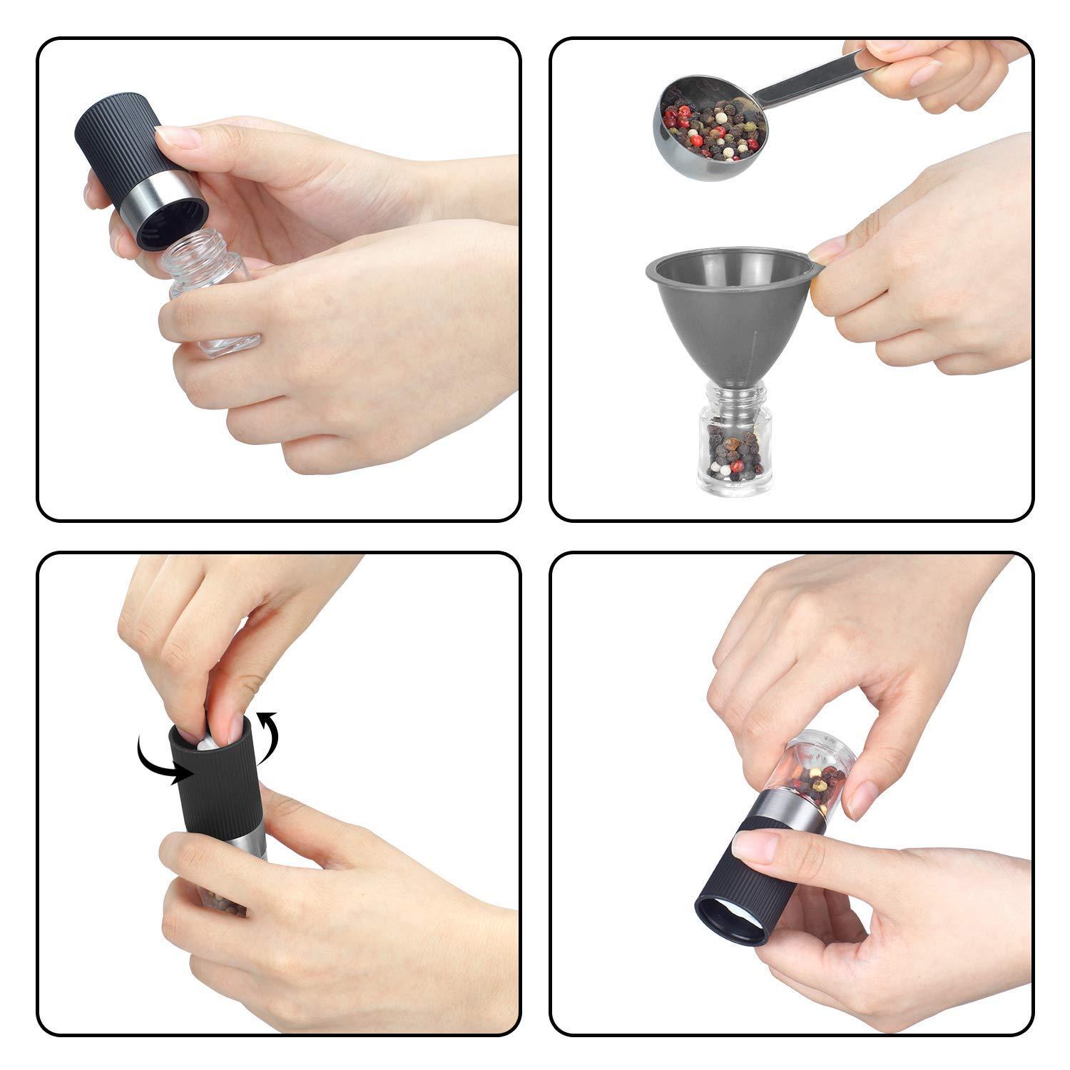 VEVOK CHEF Mini Salt and Pepper Grinder set with 2 Small Salt and Pepper Shakers Portable Cute Tiny Spice Grinder Pepper Mill Salt Grinder for Travel, Work, Camping, Party, School, Lunch Box